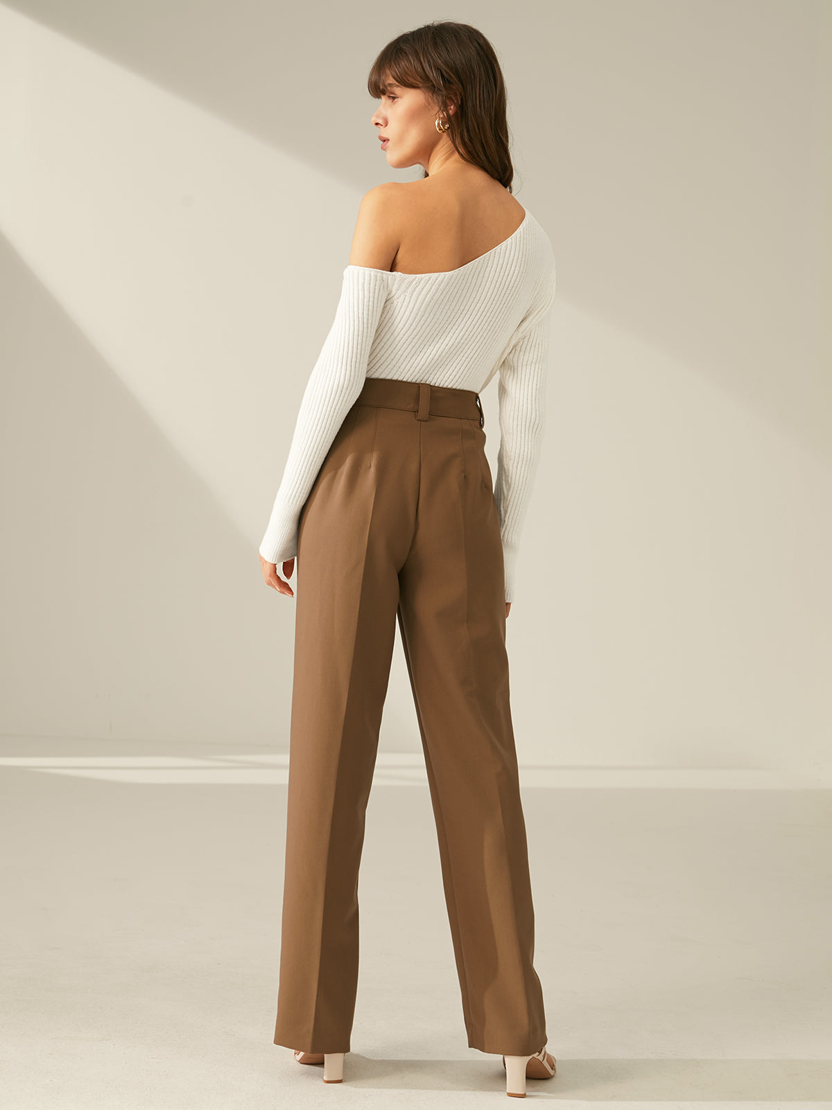 Thecomense - One Shoulder Long Sleeve Ribbed Pullover Sweater