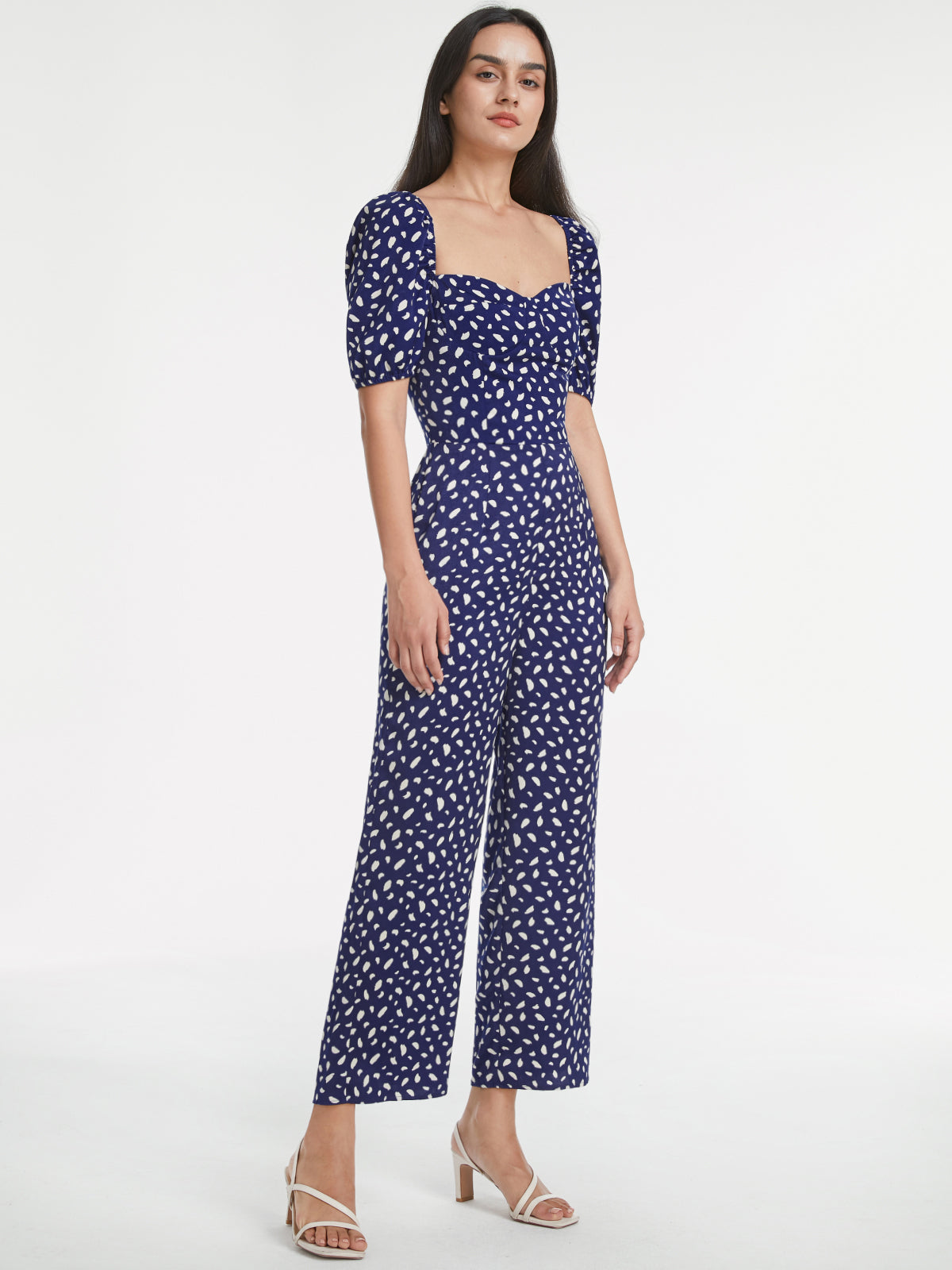 Thecomense - Petals Print Puff Sleeve Open Back Jumpsuit