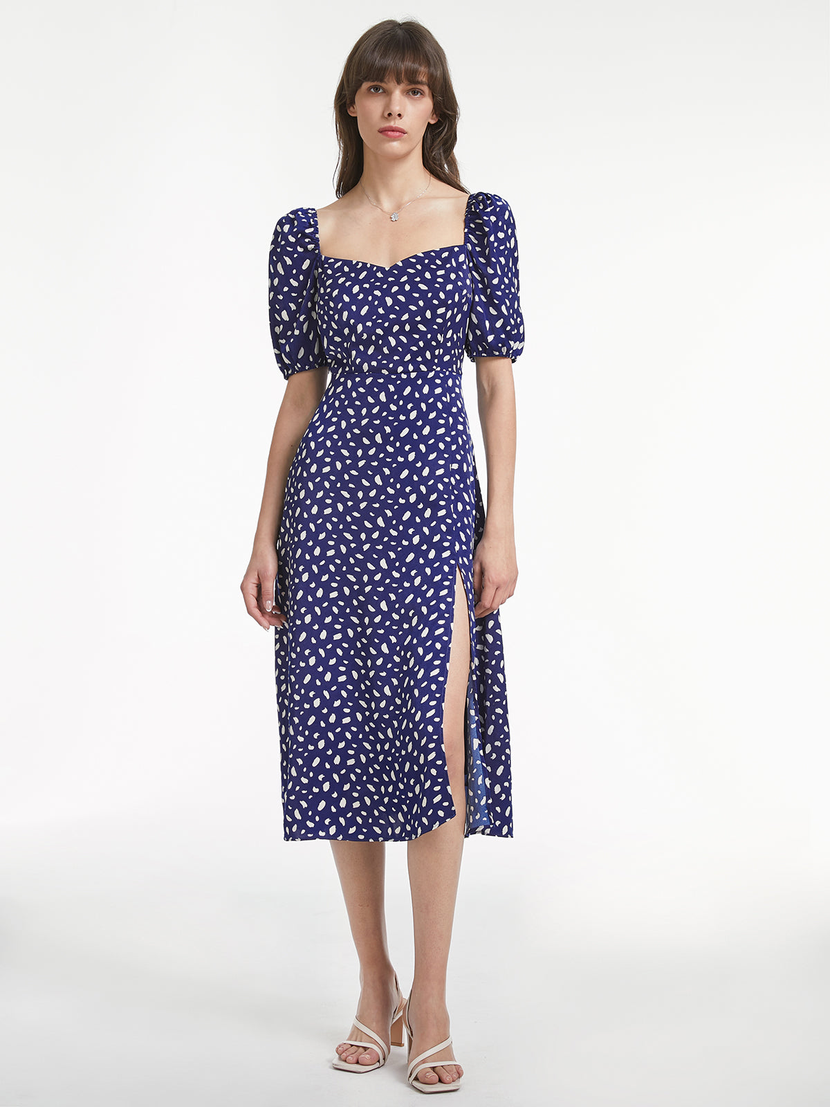 Thecomense - Light Petal Short Puff Sleeve Sweetheart Back Bowtie Slit Dress