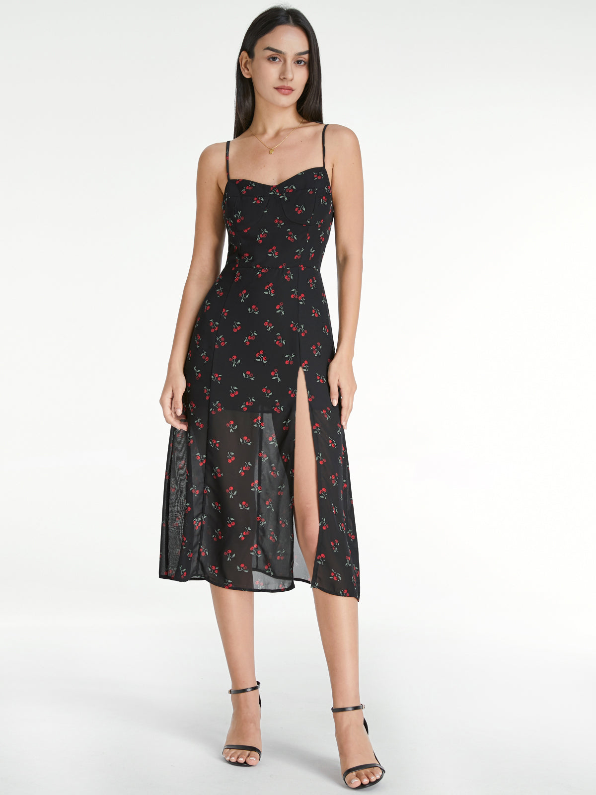 Thecomense - Sweetheart Very Cherry Strap Slit Dress With Sheer Overlay