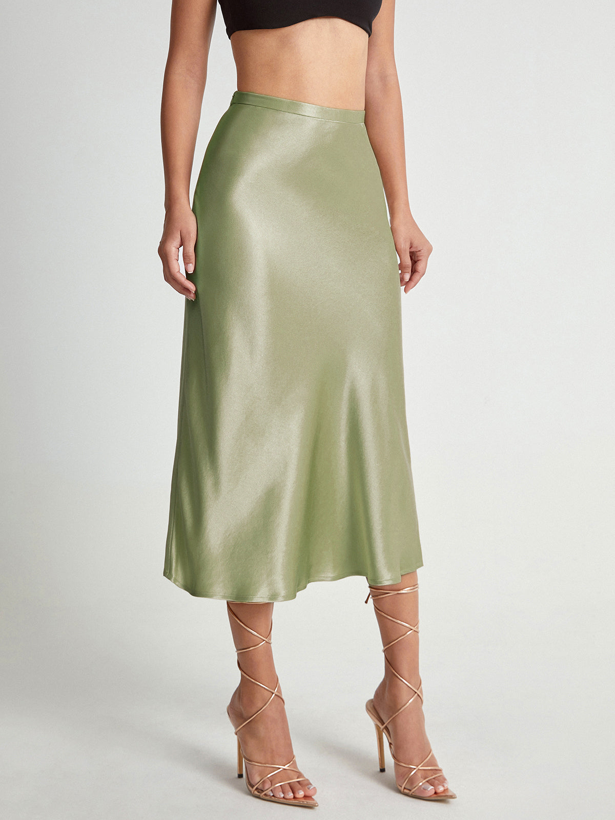 Thecomense - High Waisted Satin Flowy Midi Skirt