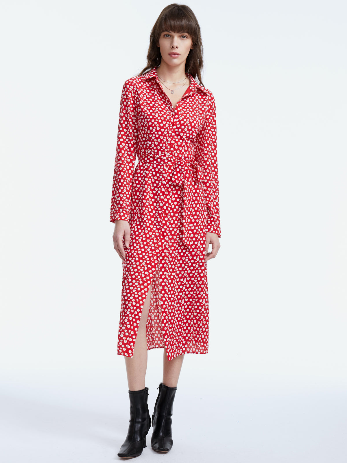 Thecomense - Long Sleeve Floral Collared Belted Slit Dress
