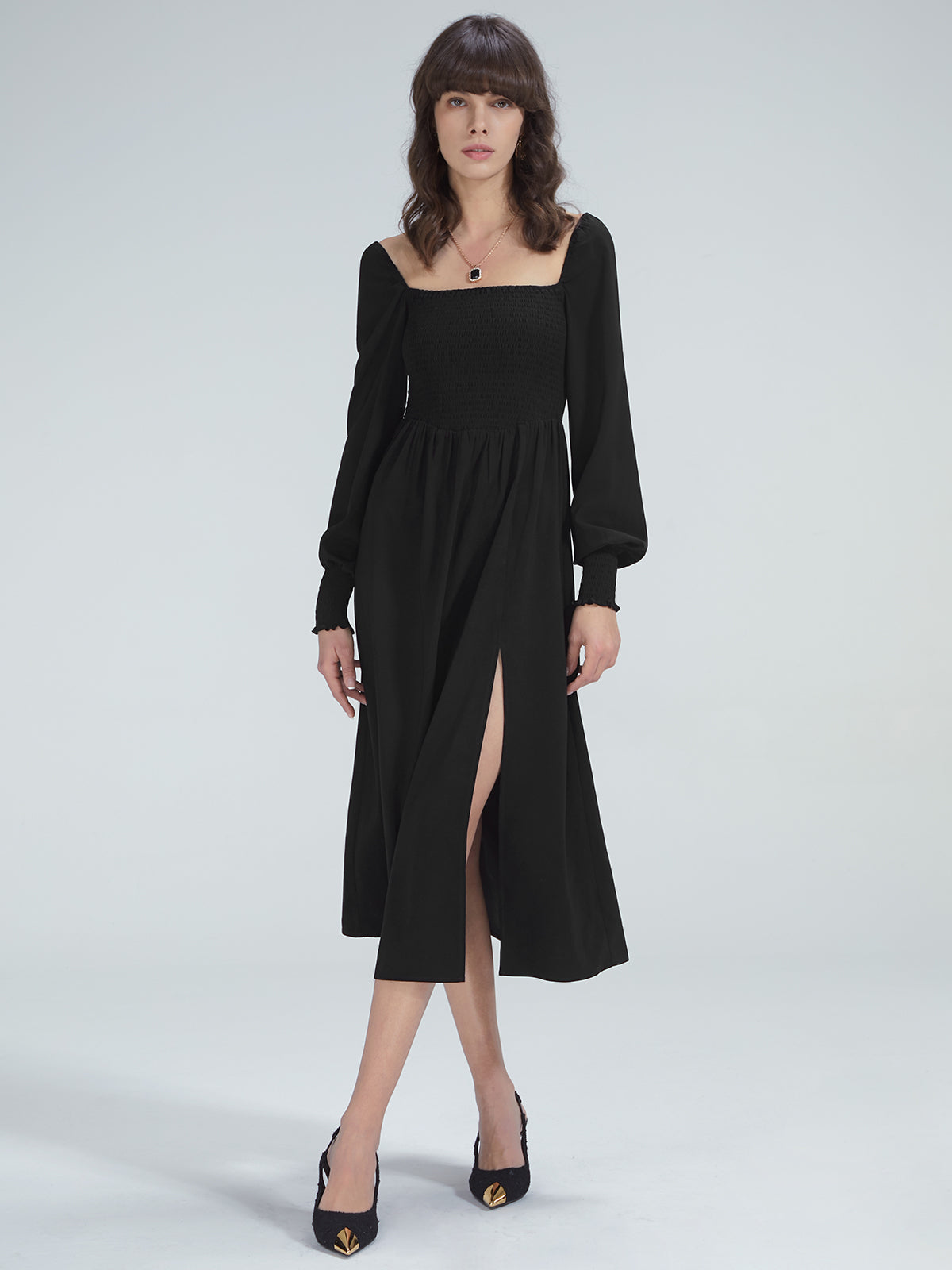 Thecomense - Square Neck Long Sleeve Slit Dress
