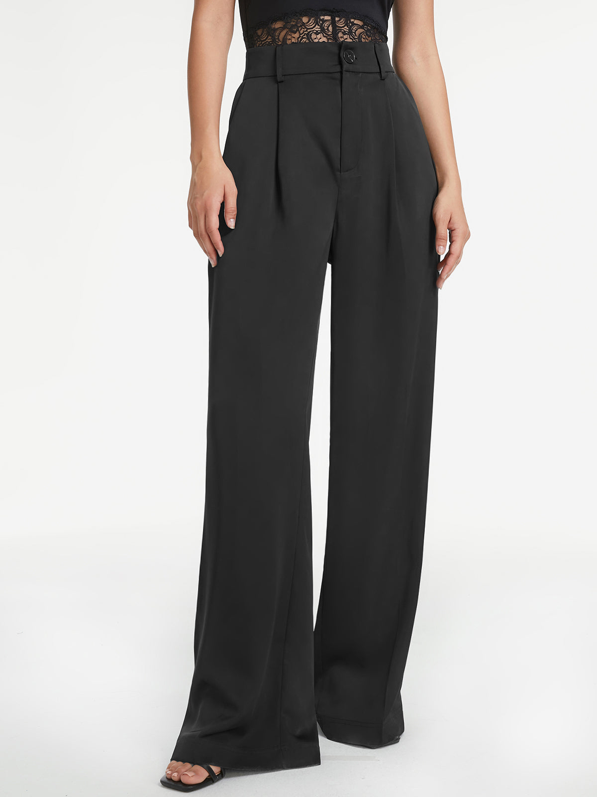 Thecomense - High Waisted Pleat Front Wide Leg Trousers