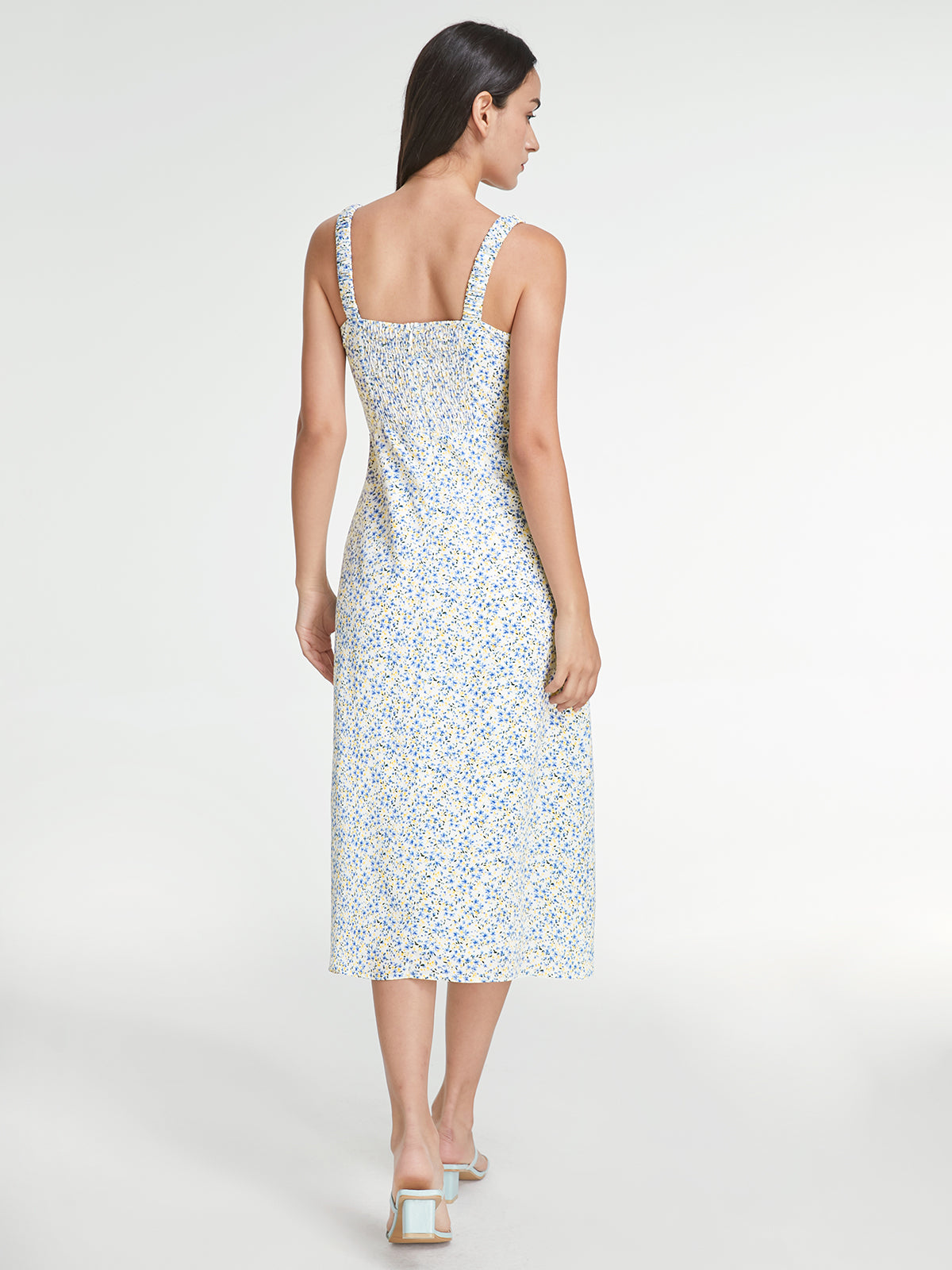 Thecomense - Square Neck Mosaic Floral Slit Strap Dress