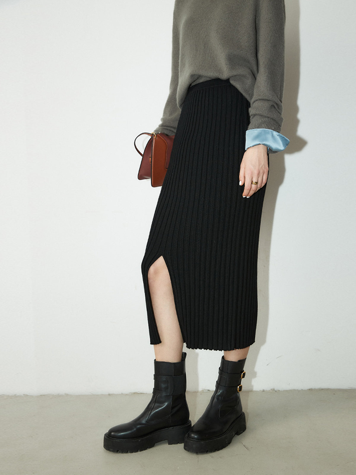 Thecomense - Ribbed Long Knitted Skirt with Slit
