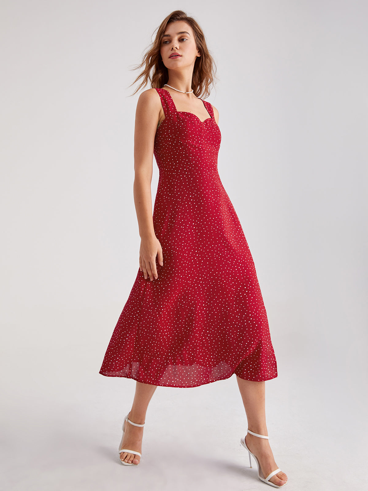Thecomense - Sweetheart Polka Dot Contour Split Dress