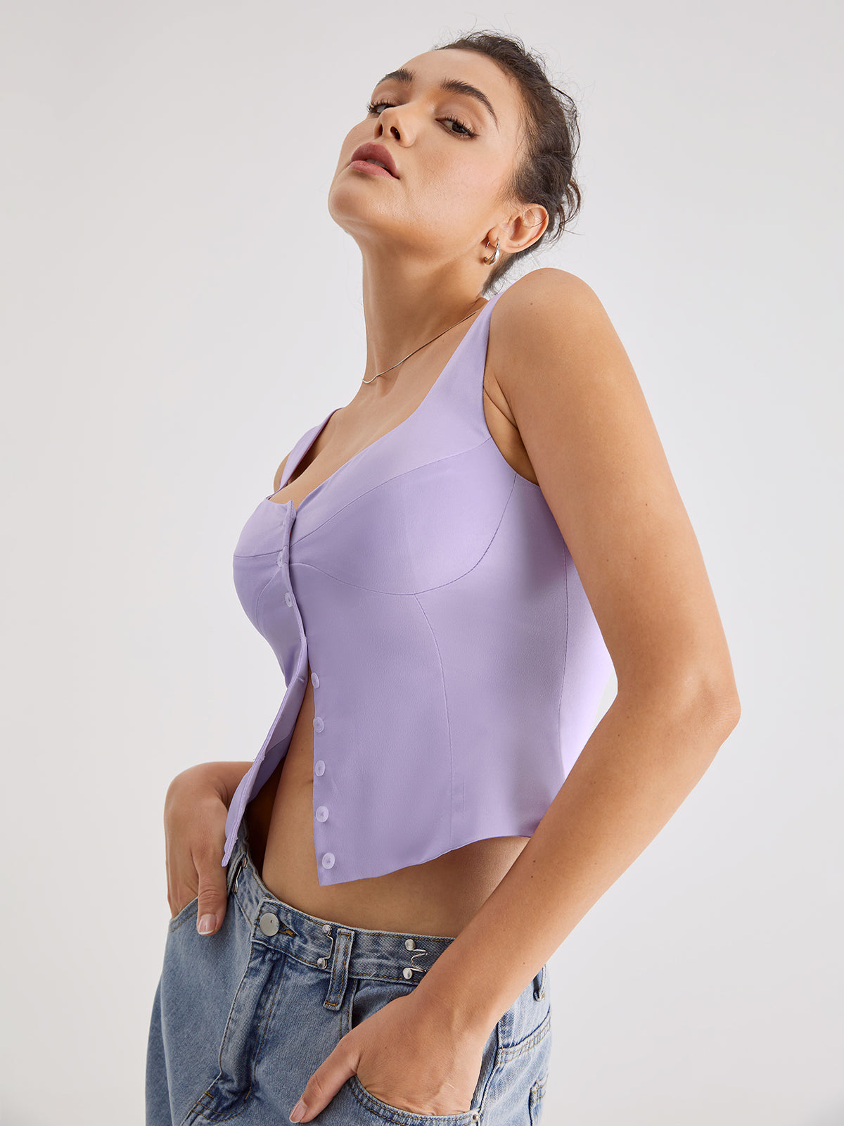 Thecomense - Mauve Button Front Contour Sleeveless Top