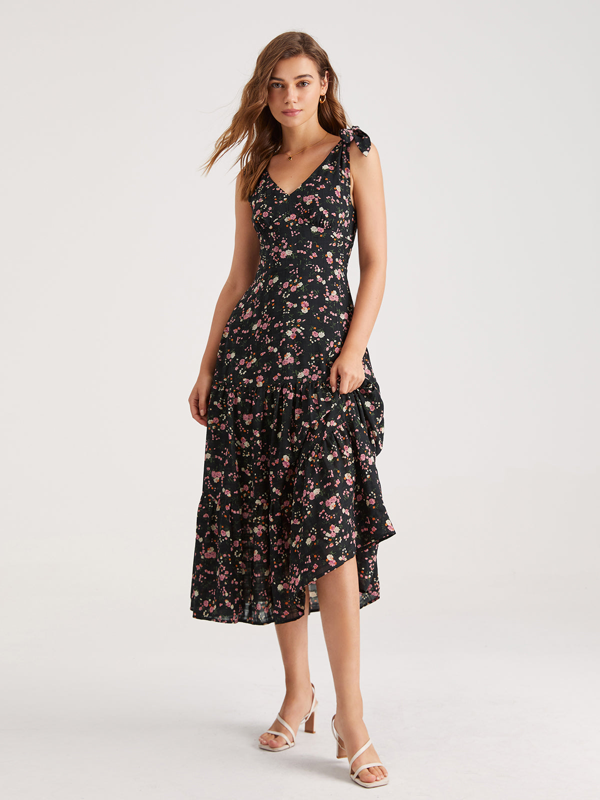 Thecomense - Tie Strap Contrast Floral Midi Dress
