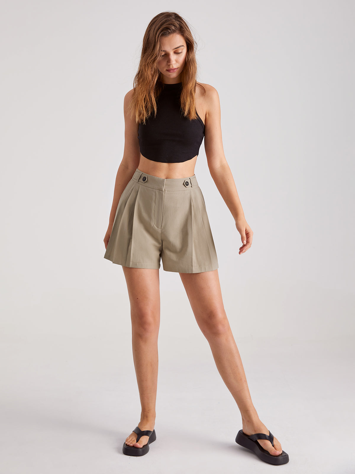 Thecomense - Mid Rise Pleat Front Trouser Shorts