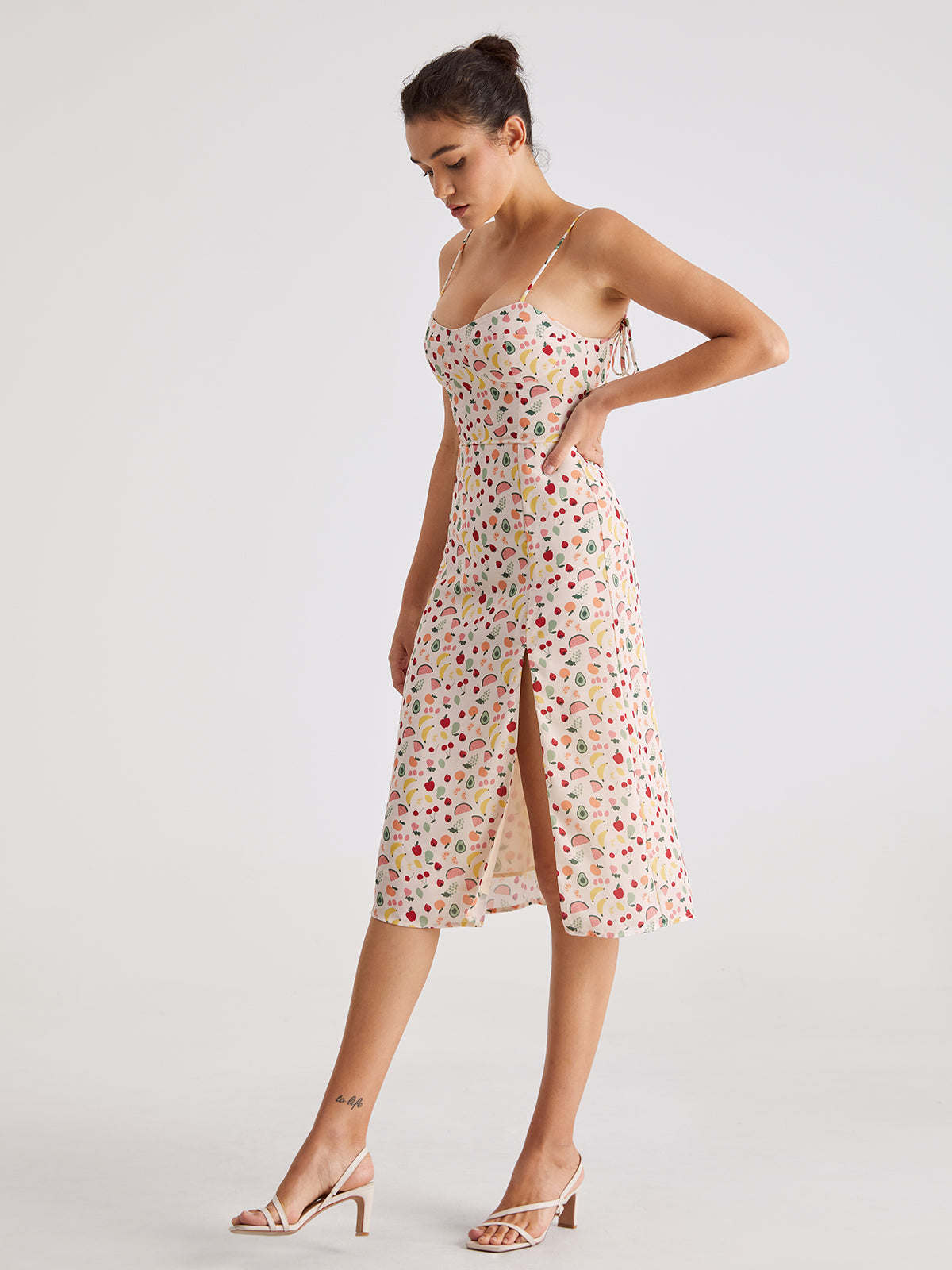 Thecomense - Sweetheart Fruit Pattern Midi Slit Strap Dress