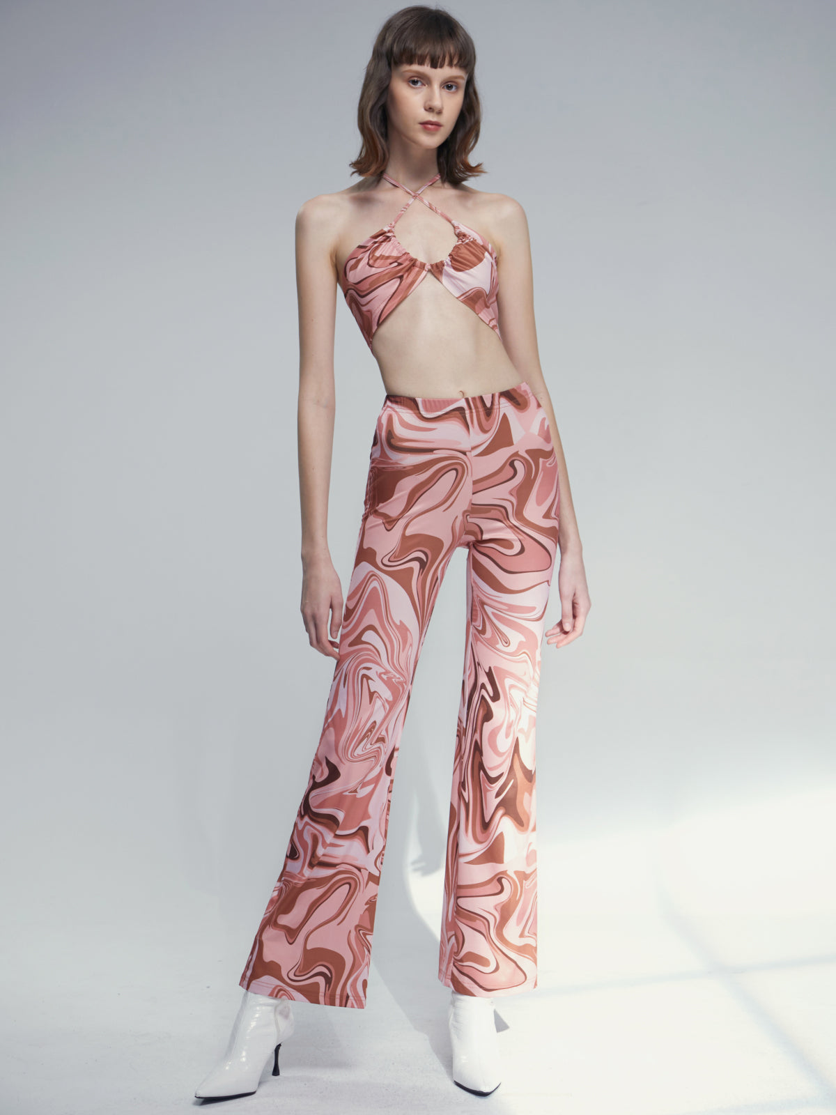 Thecomense - Groovy Halter Bralette and High Waisted Flare Pants Set