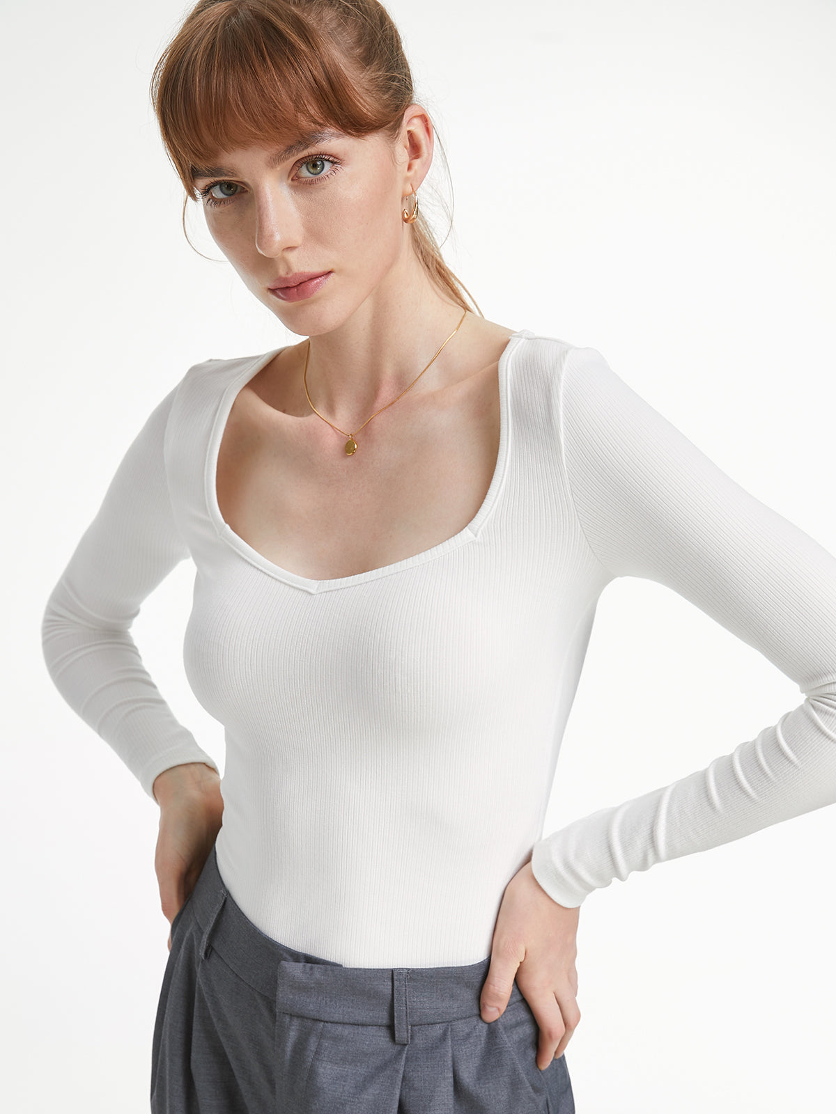 Thecomense - Ribbed Sweetheart Long Sleeve Top