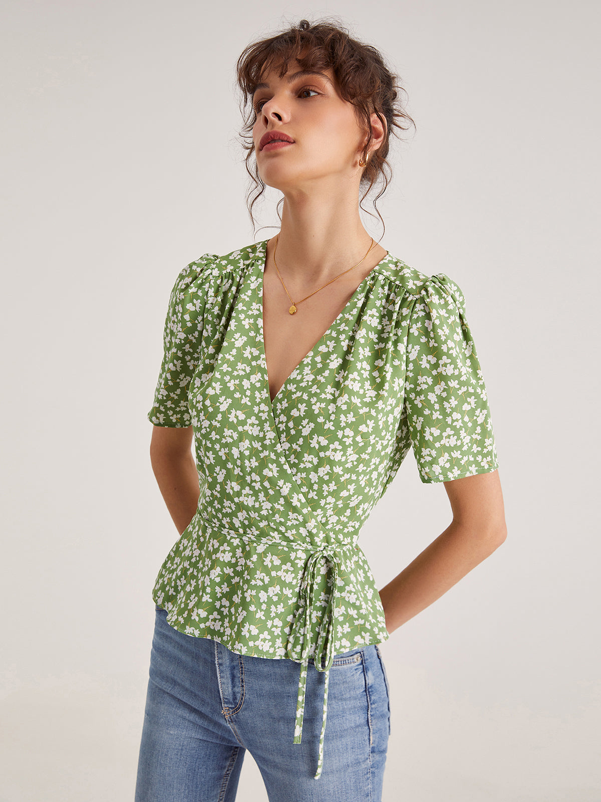 Thecomense - Floral Shoulder Pleat Wrap Top
