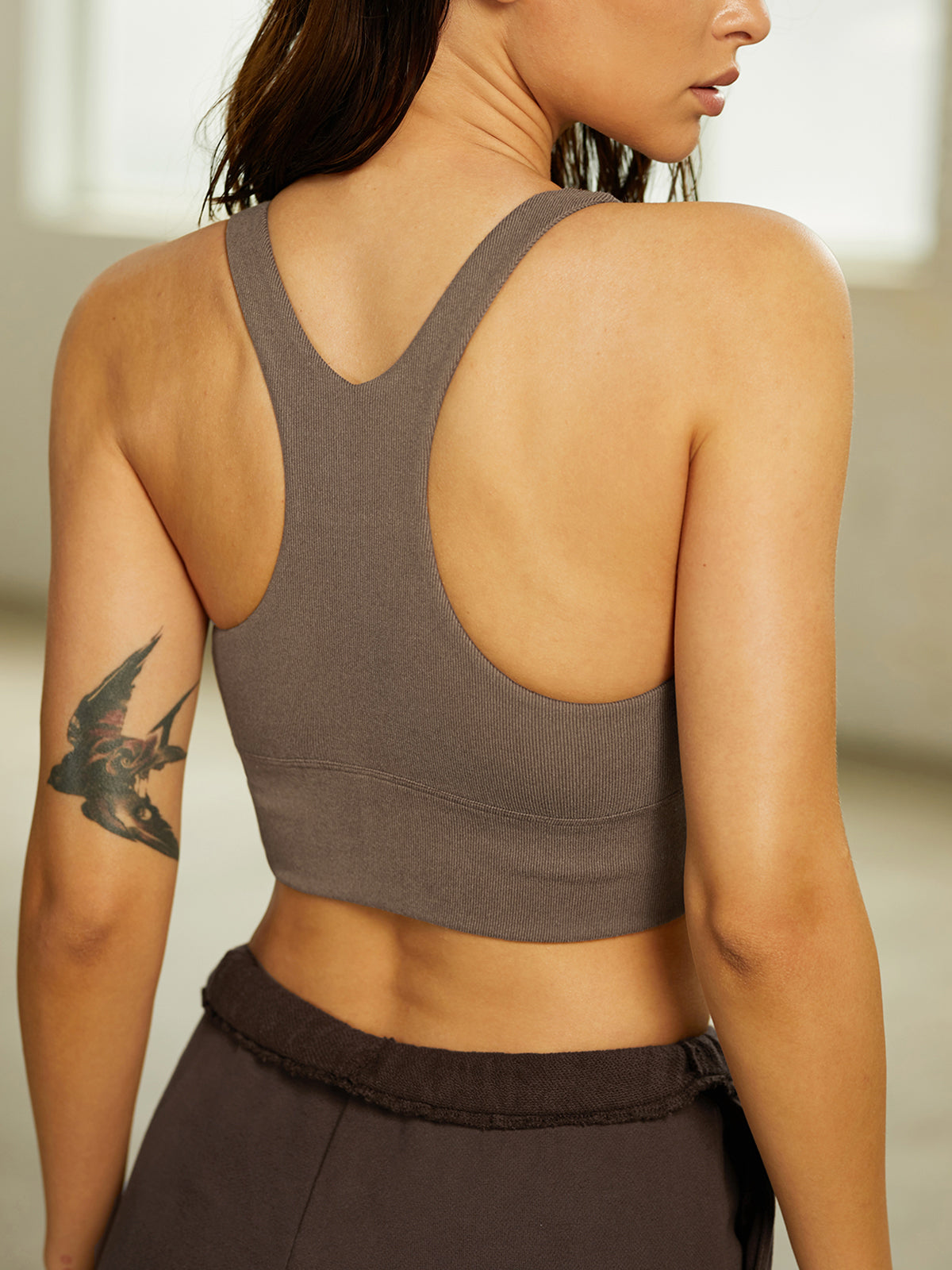 Thecomense - Brown Ribbed Sports Bra