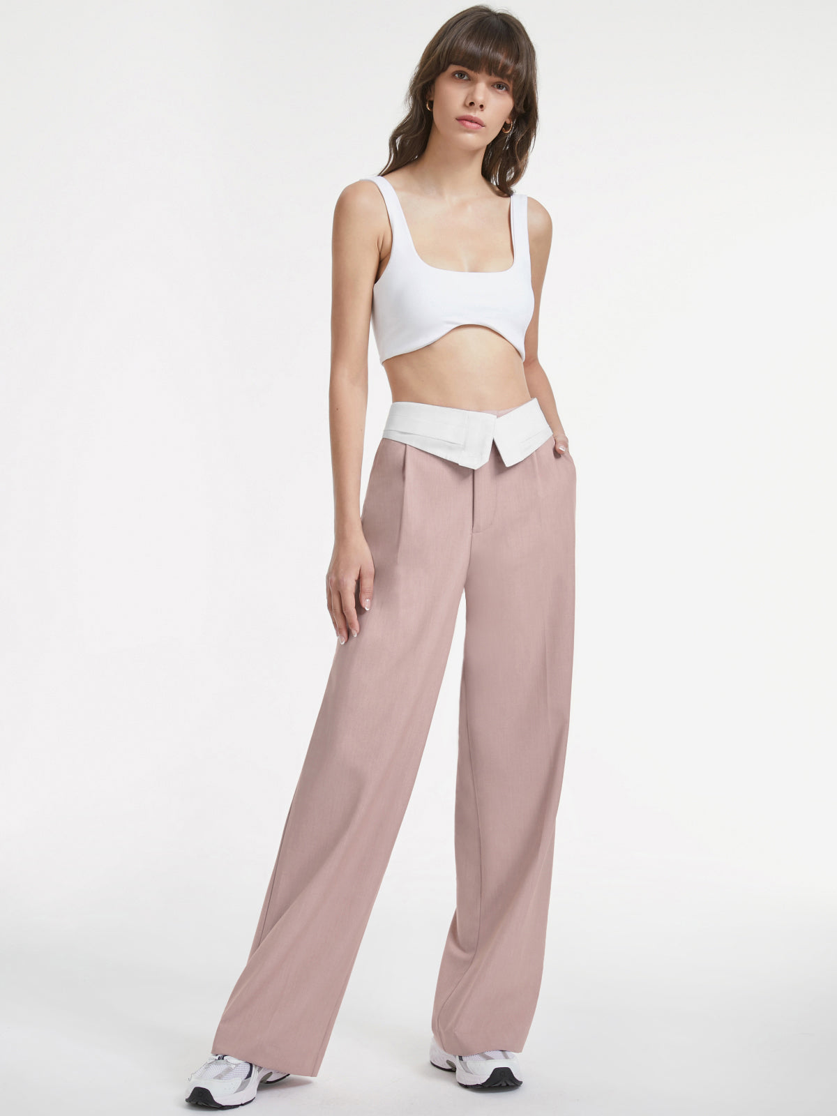 Thecomense - High Waisted Wide Leg Trousers with Contrast Flap Waist Band