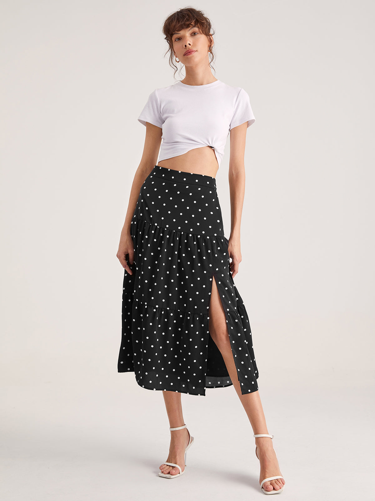 Thecomense - Polka Dot Pleat Midi Skirt