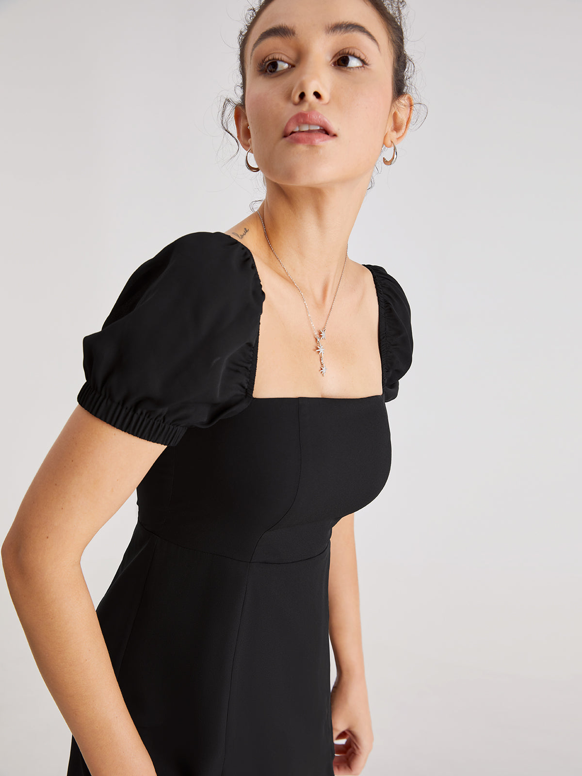 Thecomense - Short Puff Sleeve Dress With Mesh Overlay