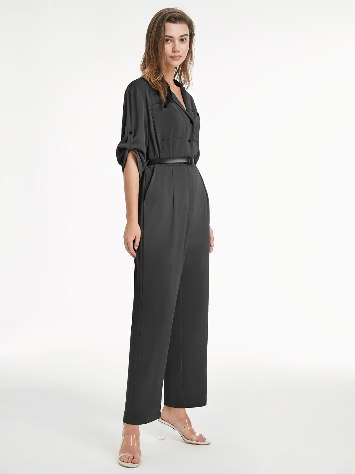Thecomense - V Neck Button Front Short Sleeve Flare Leg Jumpsuit