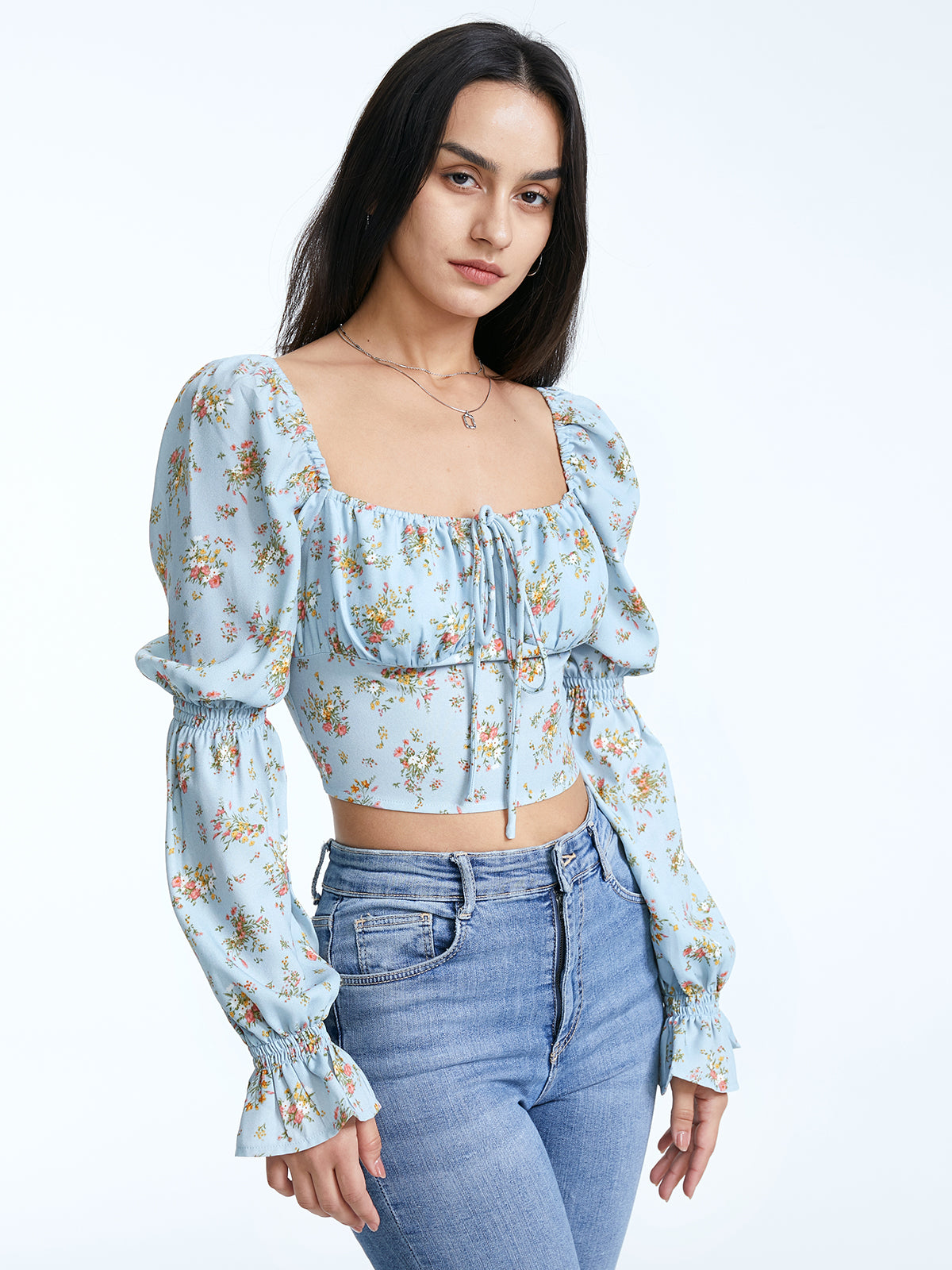Thecomense - Square Ruche Neck Tie Front Long Puff Sleeve Cropped Floral Top
