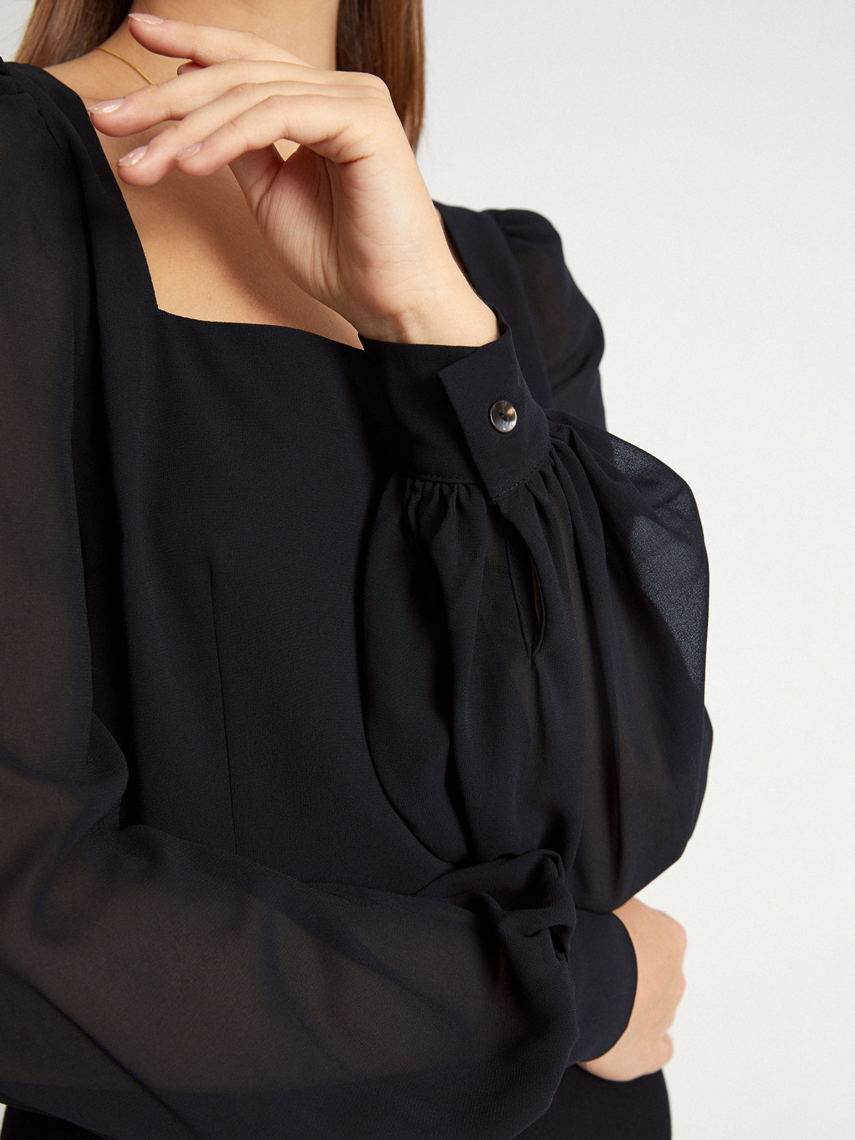 Thecomense - Mesh Puff Sleeve Square Neck Top