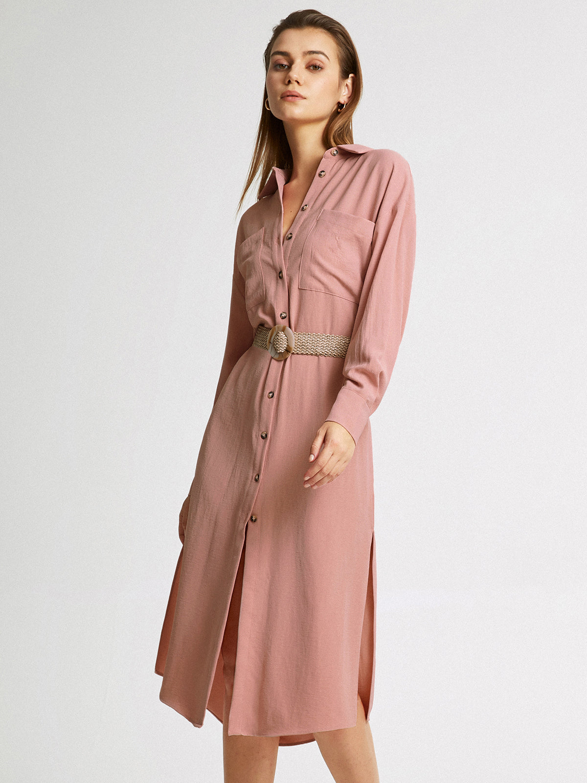 Thecomense - Long Sleeve Button Front Belted Midi Shirt Dress Without Belt