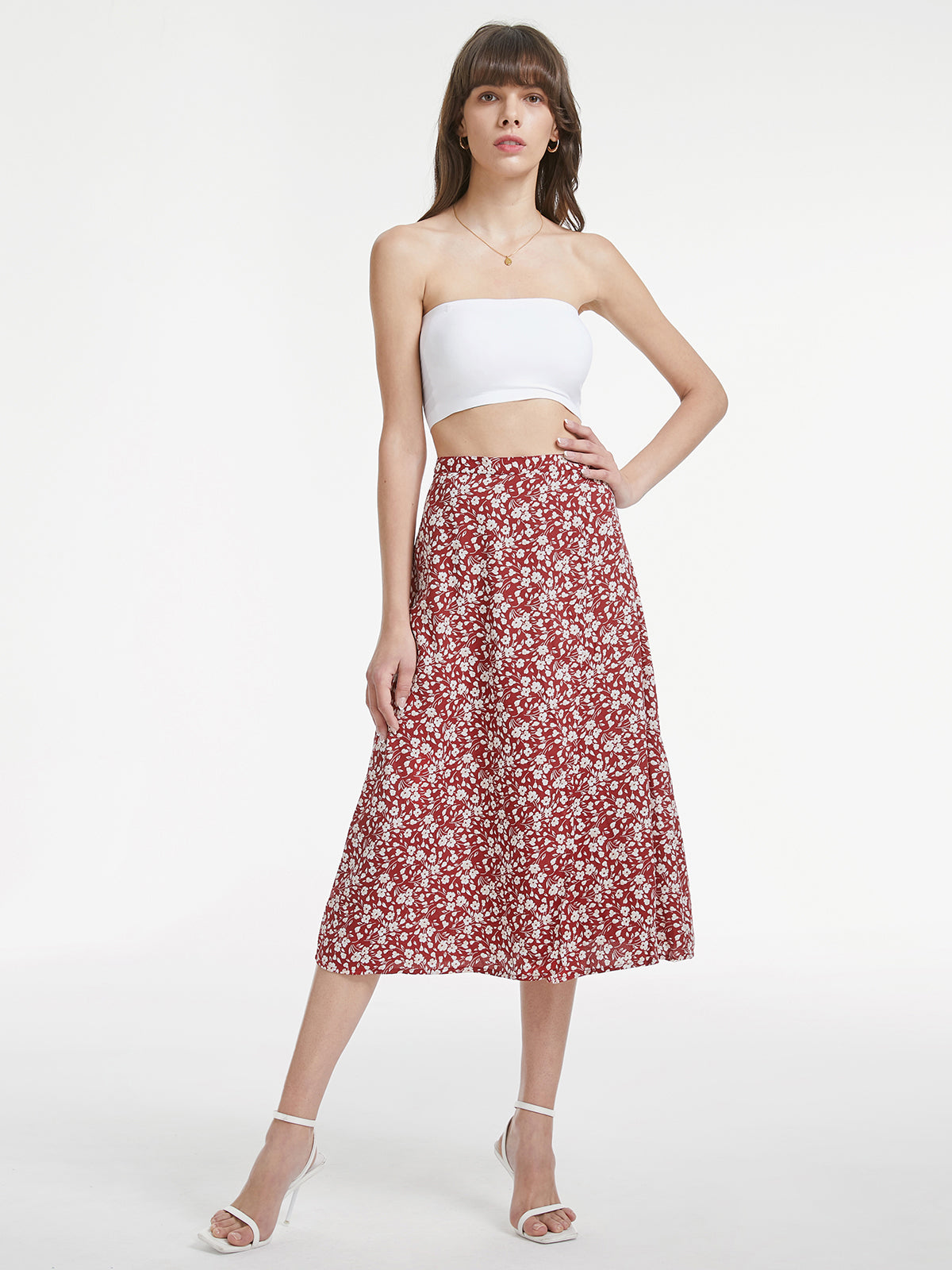 Thecomense - High Waisted Floral Slit Midi Skirt