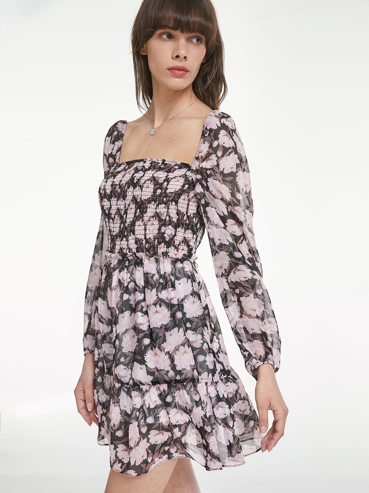 Thecomense - Mesh Long Sleeve Square Neck Tiered Short Floral Dress