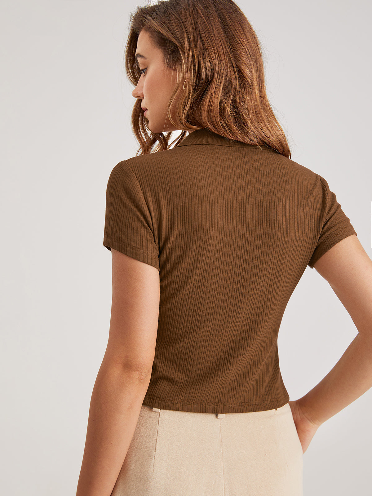 Thecomense - Collared Rib Button Up Short Sleeve Top