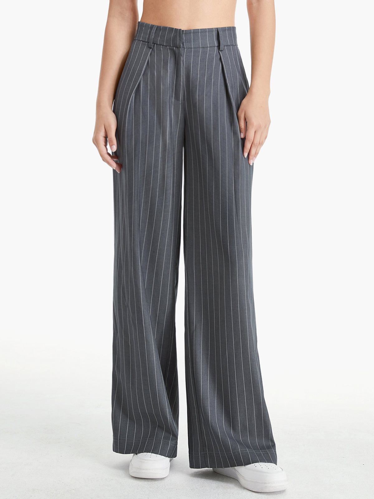 Thecomense - High Waisted 90s Pinstripe Pleat Front Wide Leg Trousers