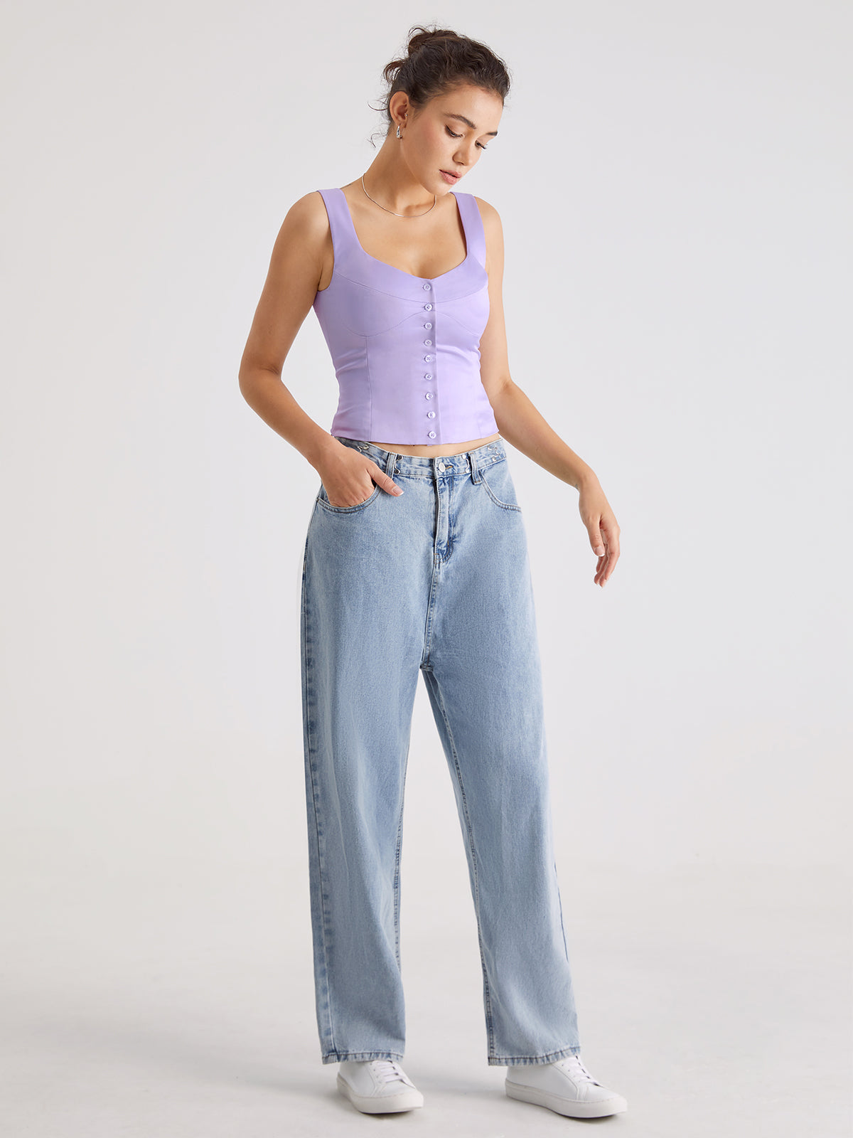 Thecomense - Mauve Button Front Contour Sleeveless Top