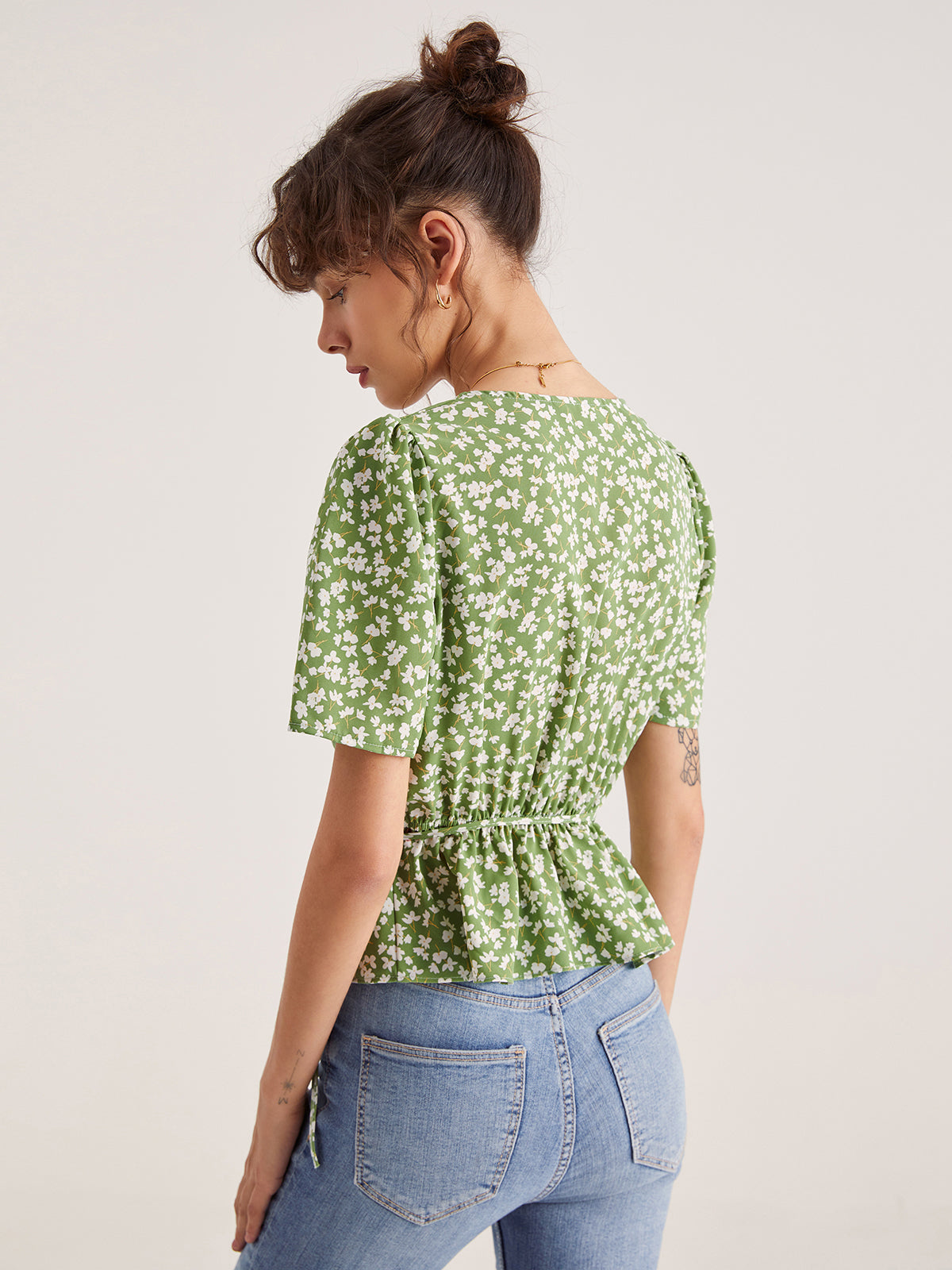Thecomense - Floral Shoulder Pleat Wrap Top