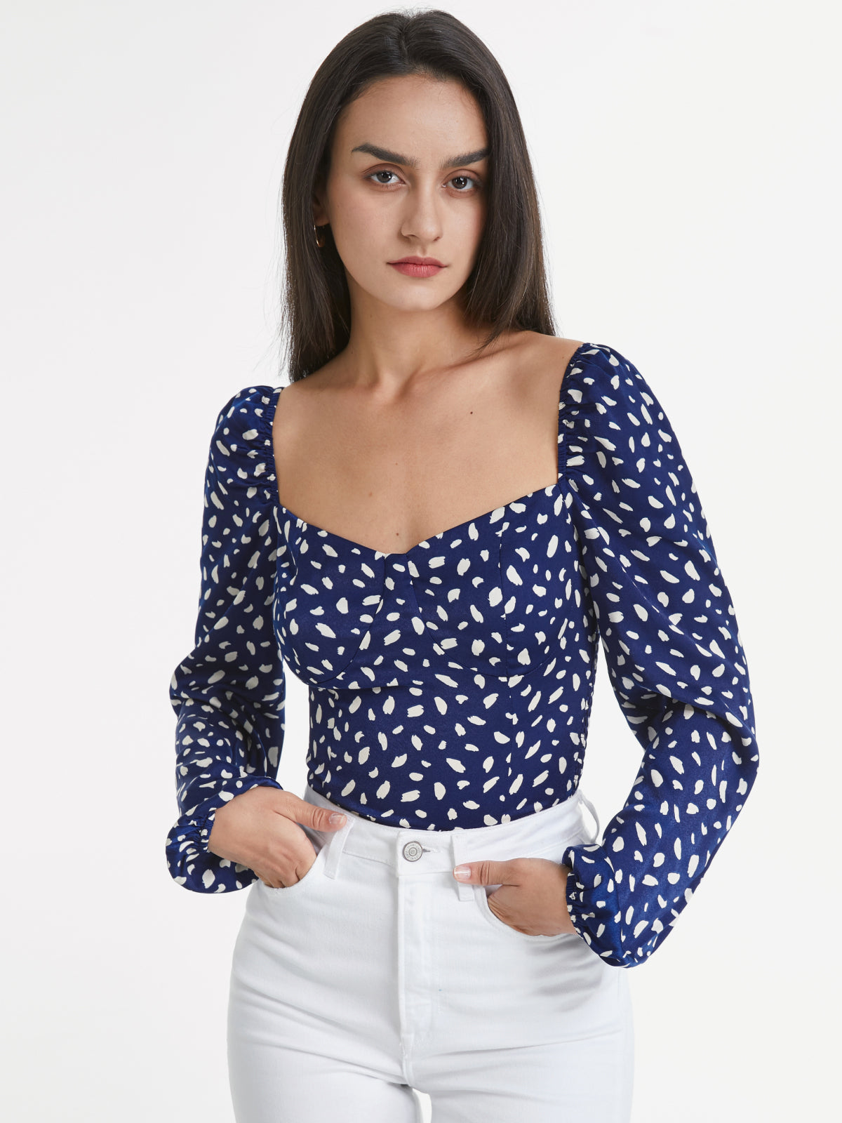 Thecomense - Sweetheart Contour Long Puff Sleeve Printed Top