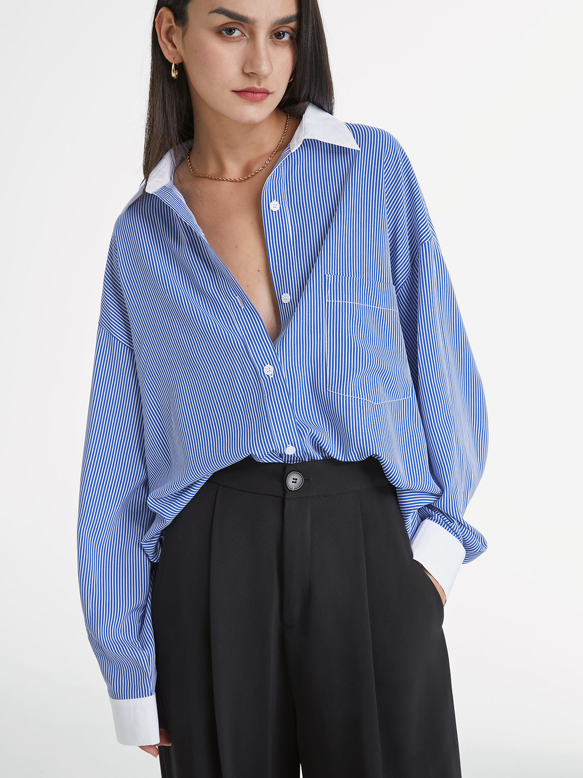 Thecomense - Striped Contrast Collar Cuff Oversized Dress Shirt