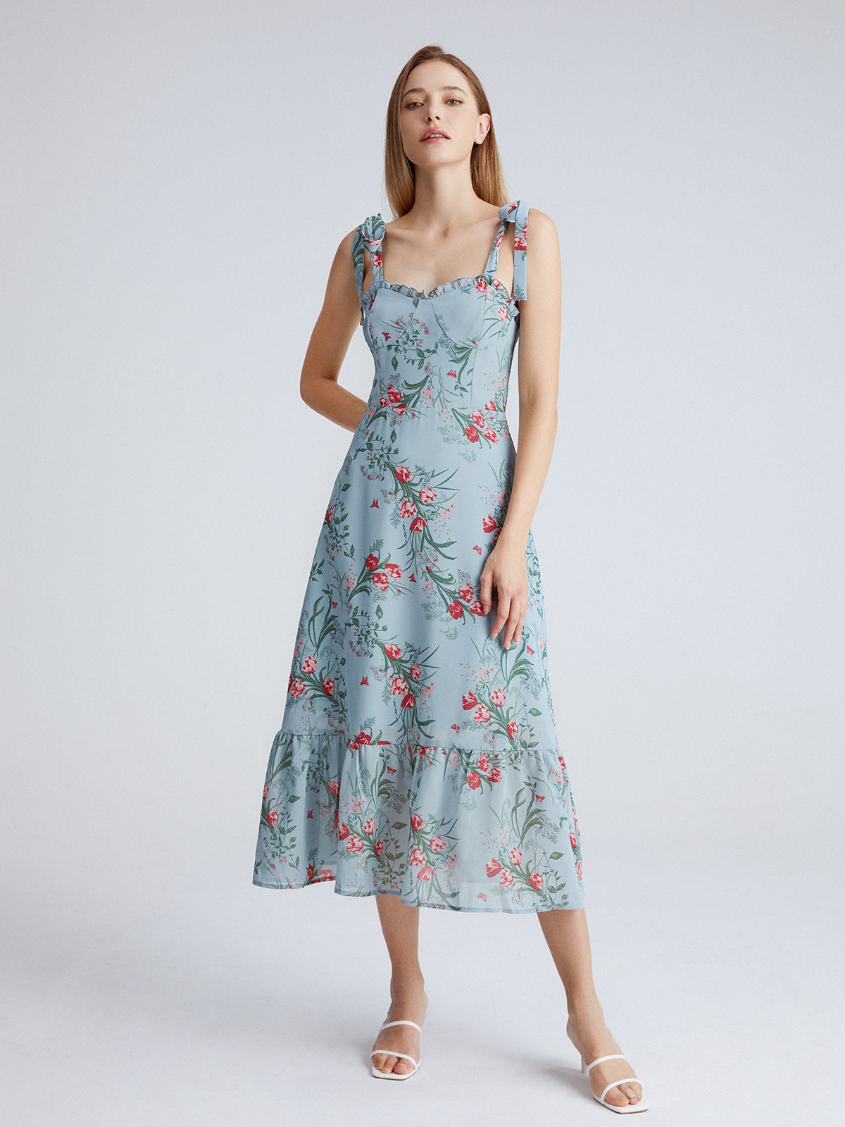 Thecomense - Nostalgic Meadows Floral Strap Flowy Long Dress