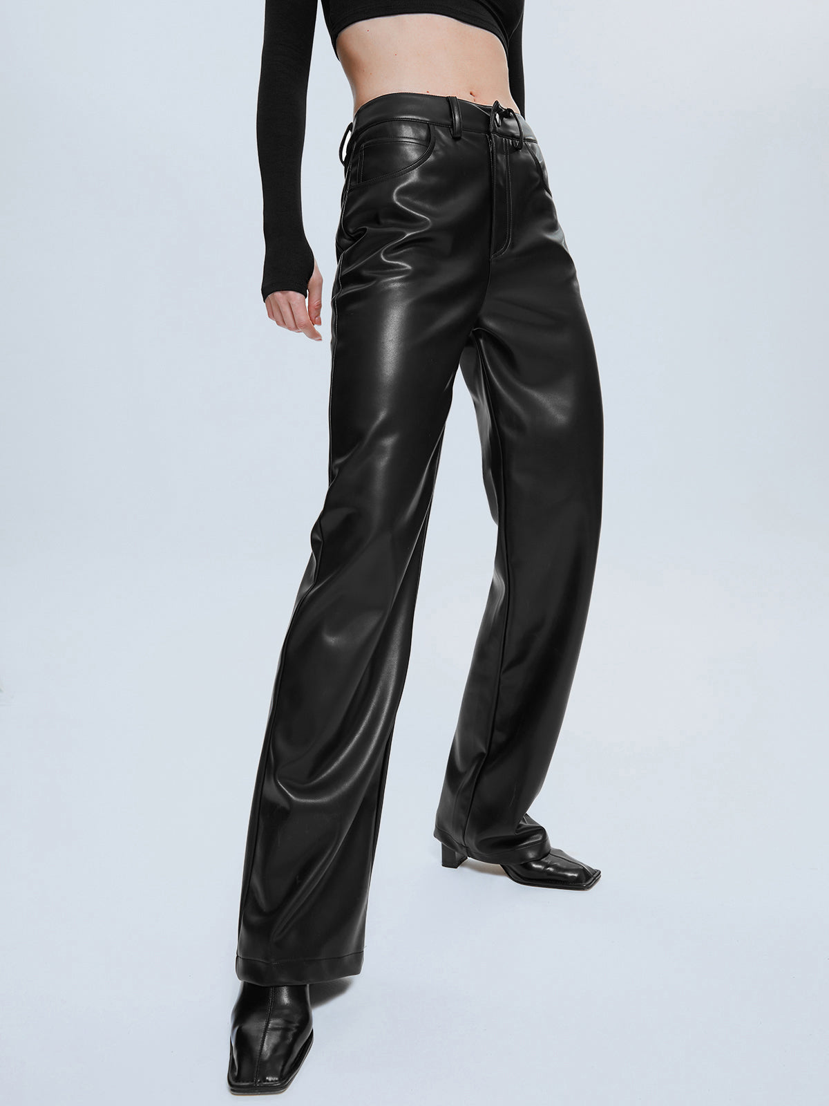 Thecomense - High Waisted Straight Leg Leather Pants
