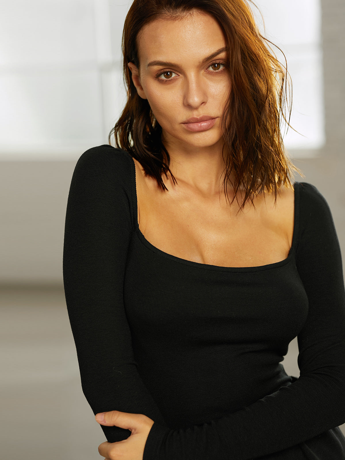 Thecomense - Square Neck Long Sleeve Top