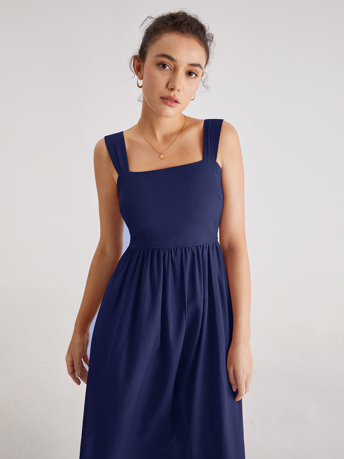 Thecomense - Square Neck A Line Pleat Strap Dress