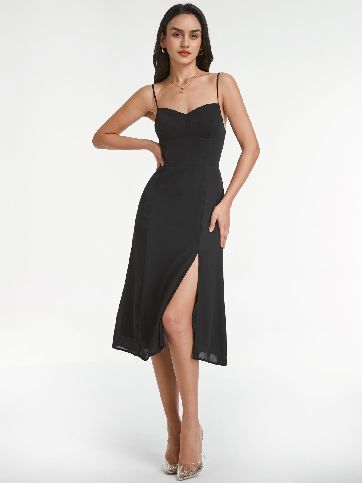 Thecomense - Sweetheart Mesh Overlay Contour Slit Strap Dress
