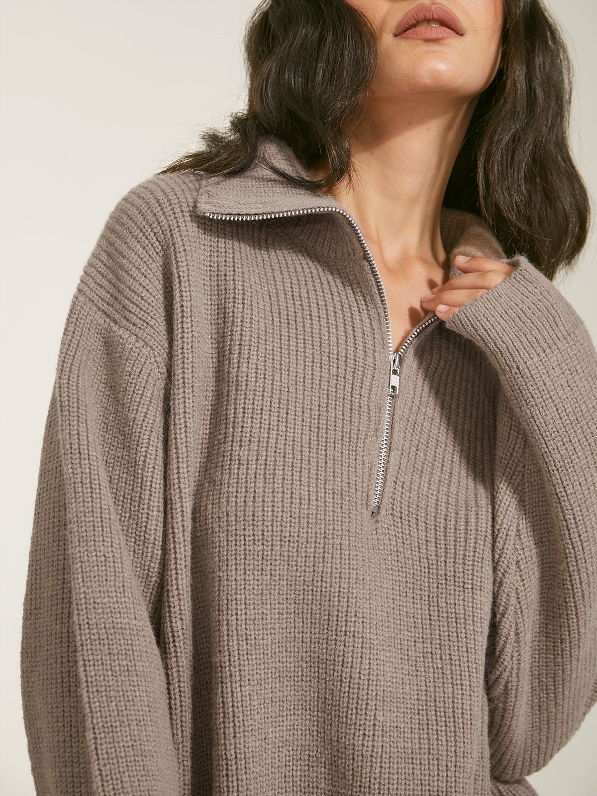 Thecomense - Oversized Quarter Zip Ribbed Sweater