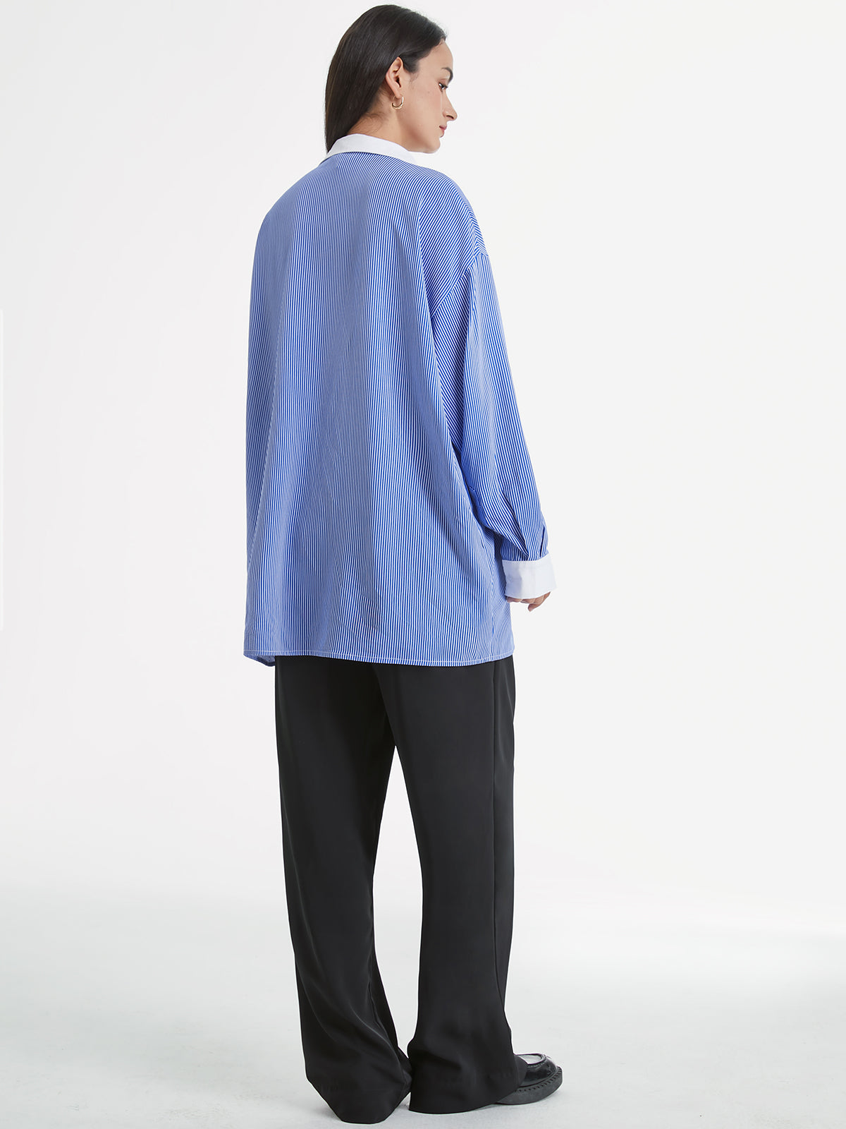 Thecomense - Striped Contrast Collar Cuff Oversized Dress Shirt