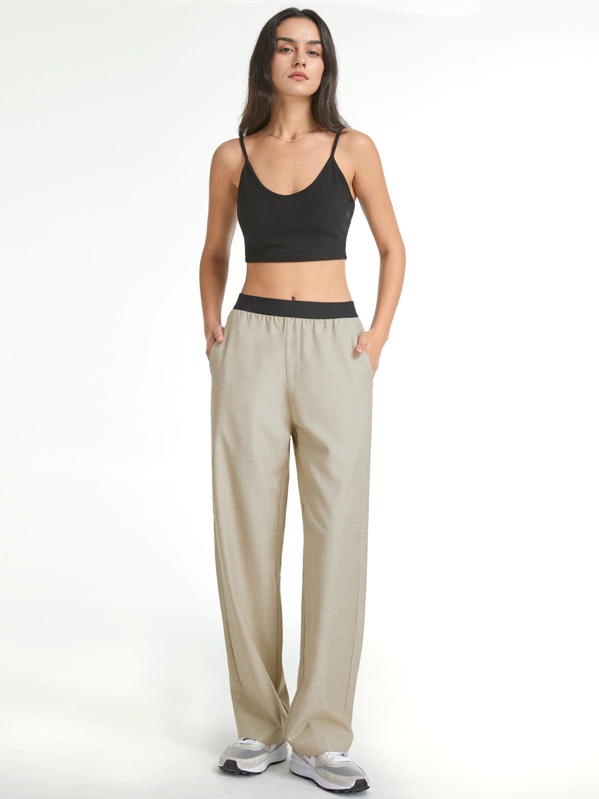 Thecomense - High Waisted Relaxed Fit Straight Leg Trousers With Athletic Waistband