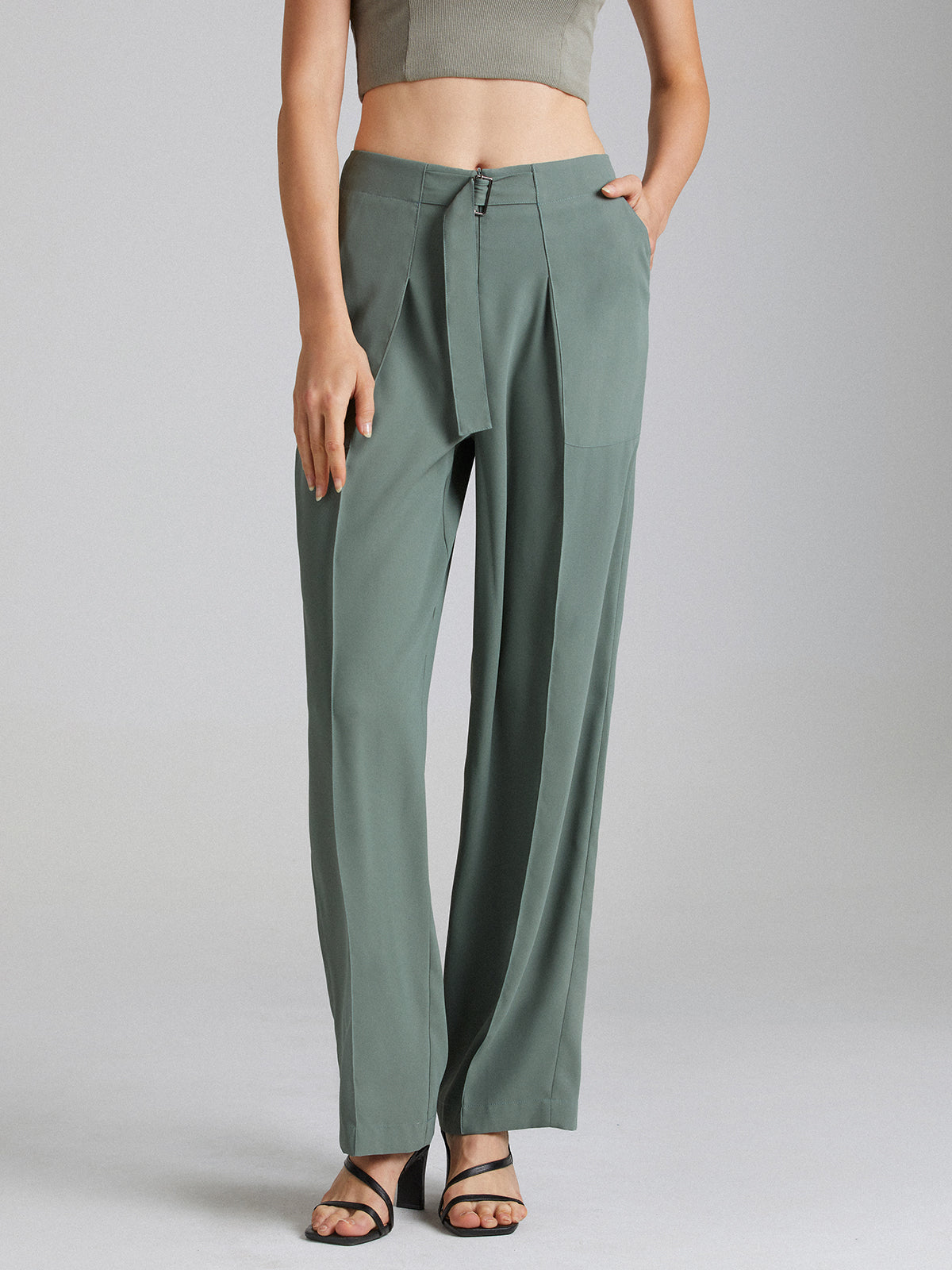 Thecomense - Belted Seam Detail Straight Leg Trousers