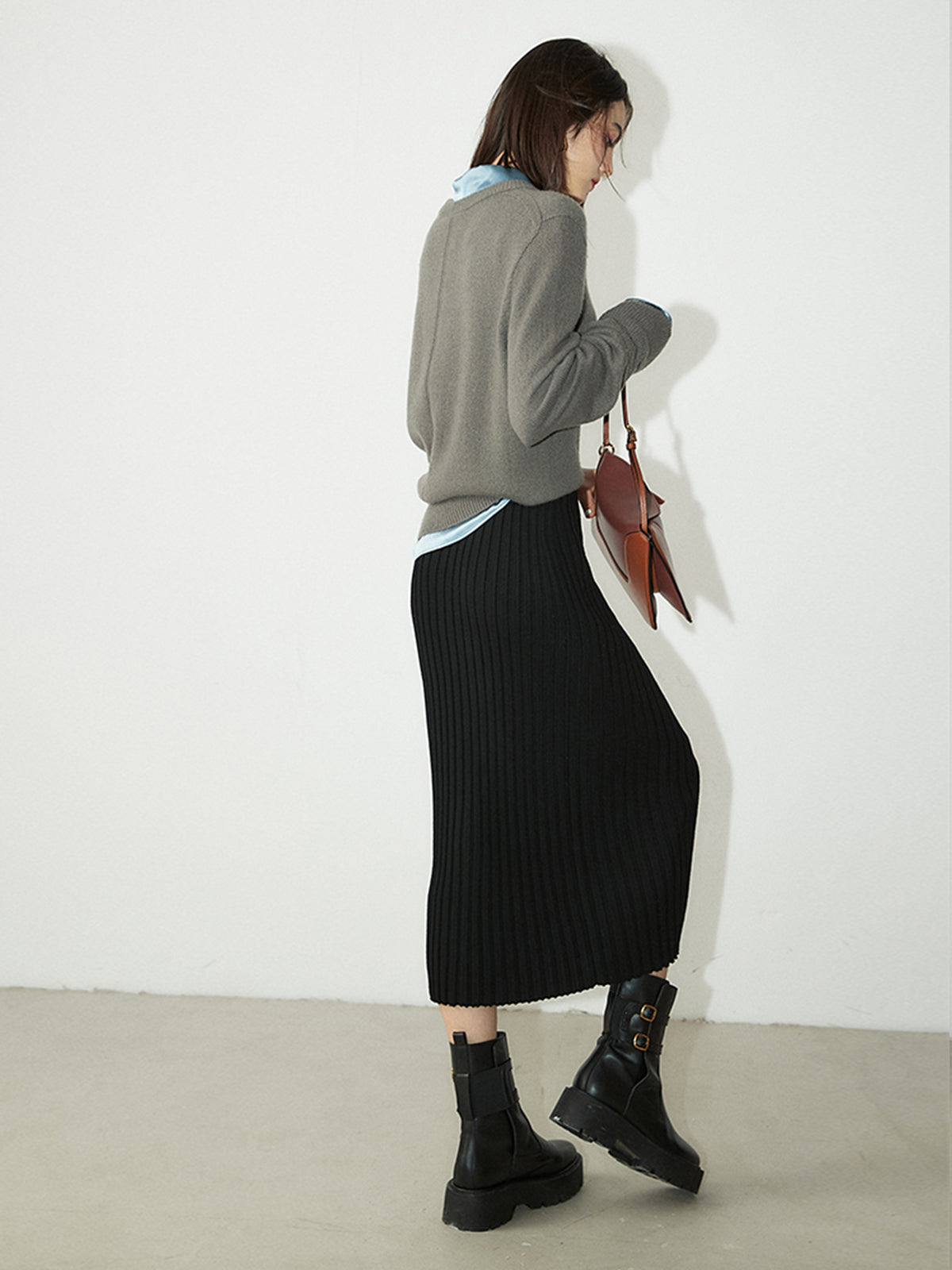 Thecomense - Ribbed Long Knitted Skirt with Slit