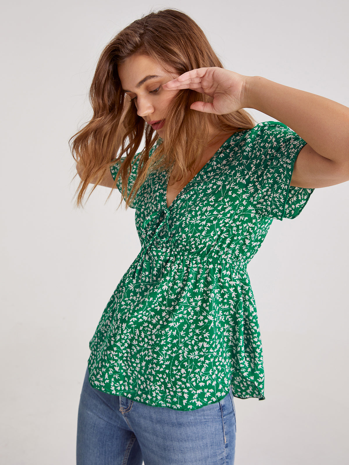 Thecomense - V-Neck Floral Ruche Short Sleeve Top