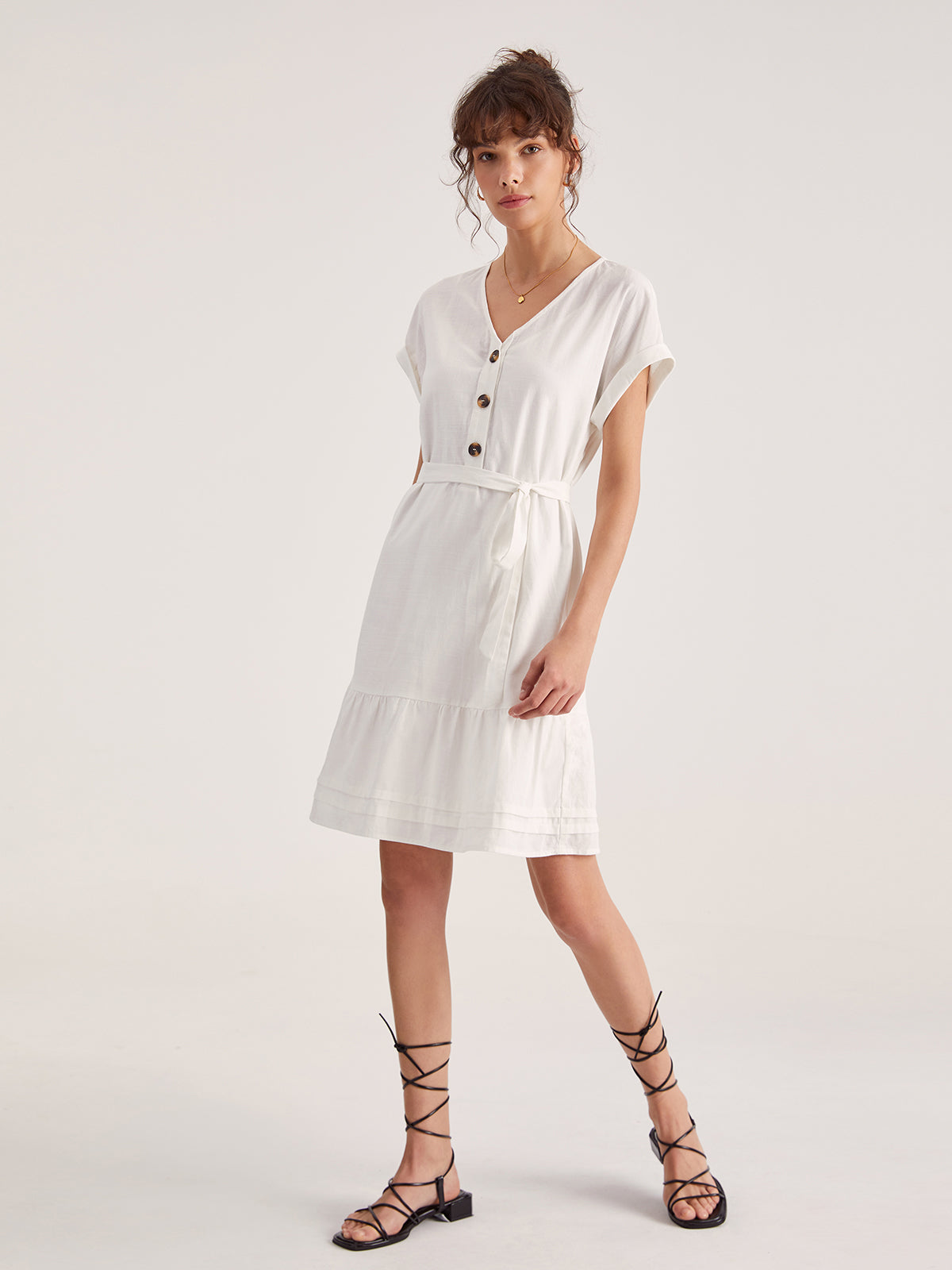 Thecomense - Folded Sleeve Button Belted Short Dress