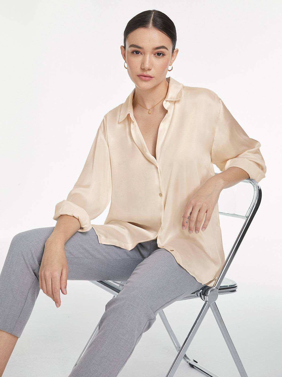 Thecomense - Relaxed Flowy Satin Button Up Shirt