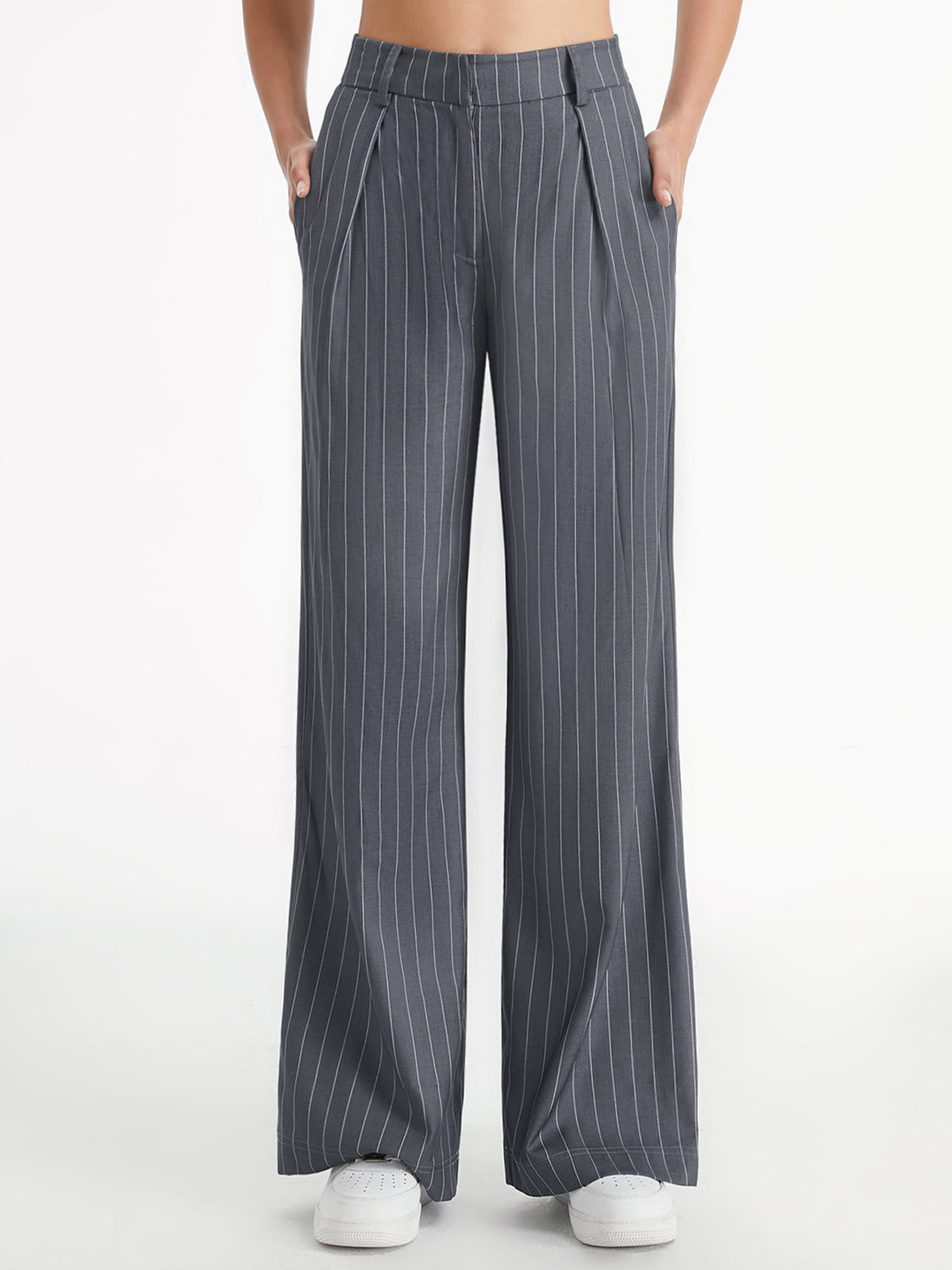 Thecomense - High Waisted 90s Pinstripe Pleat Front Wide Leg Trousers