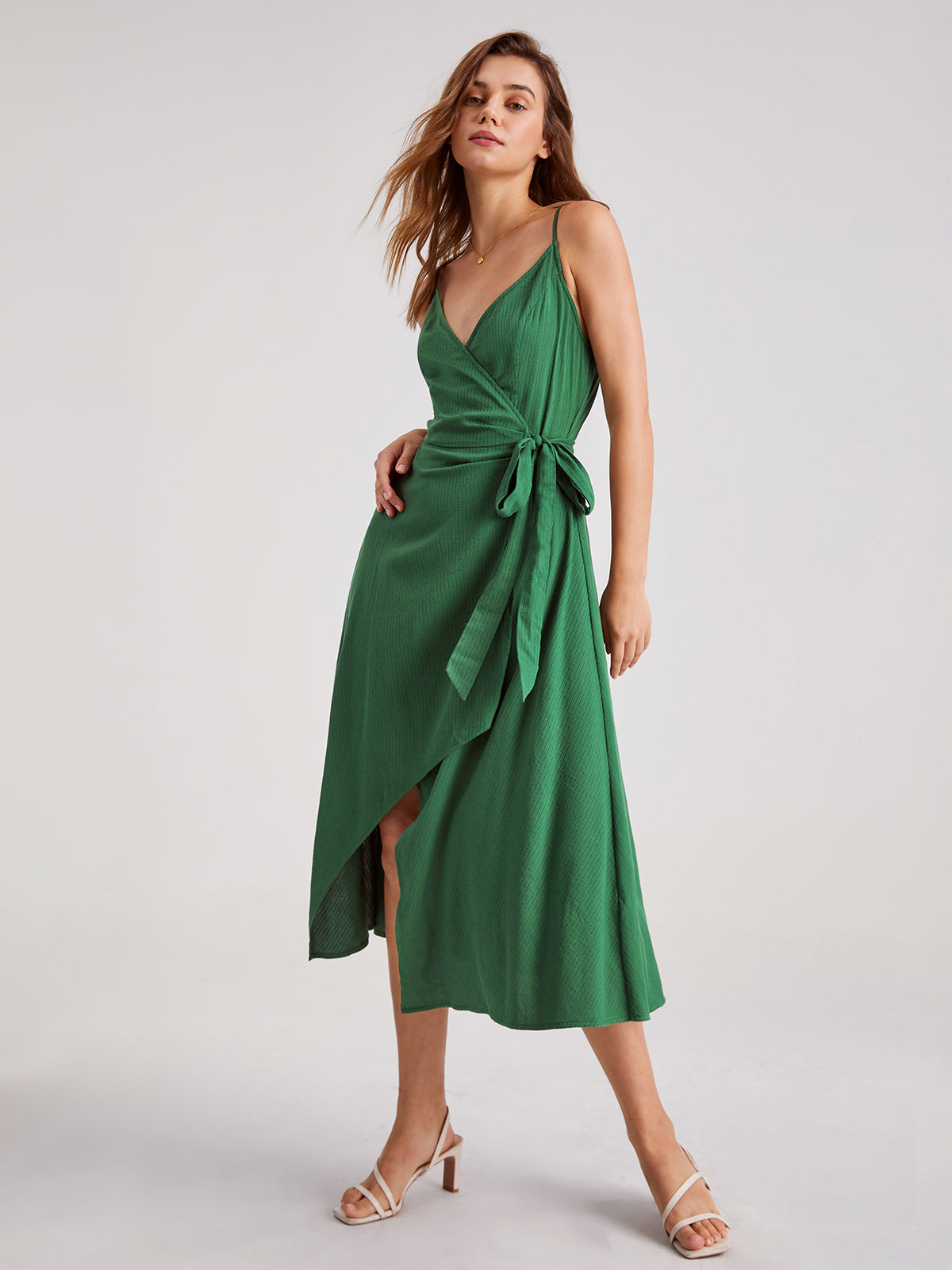 Thecomense - V-Neck Solid Tie Split Wrap Dress