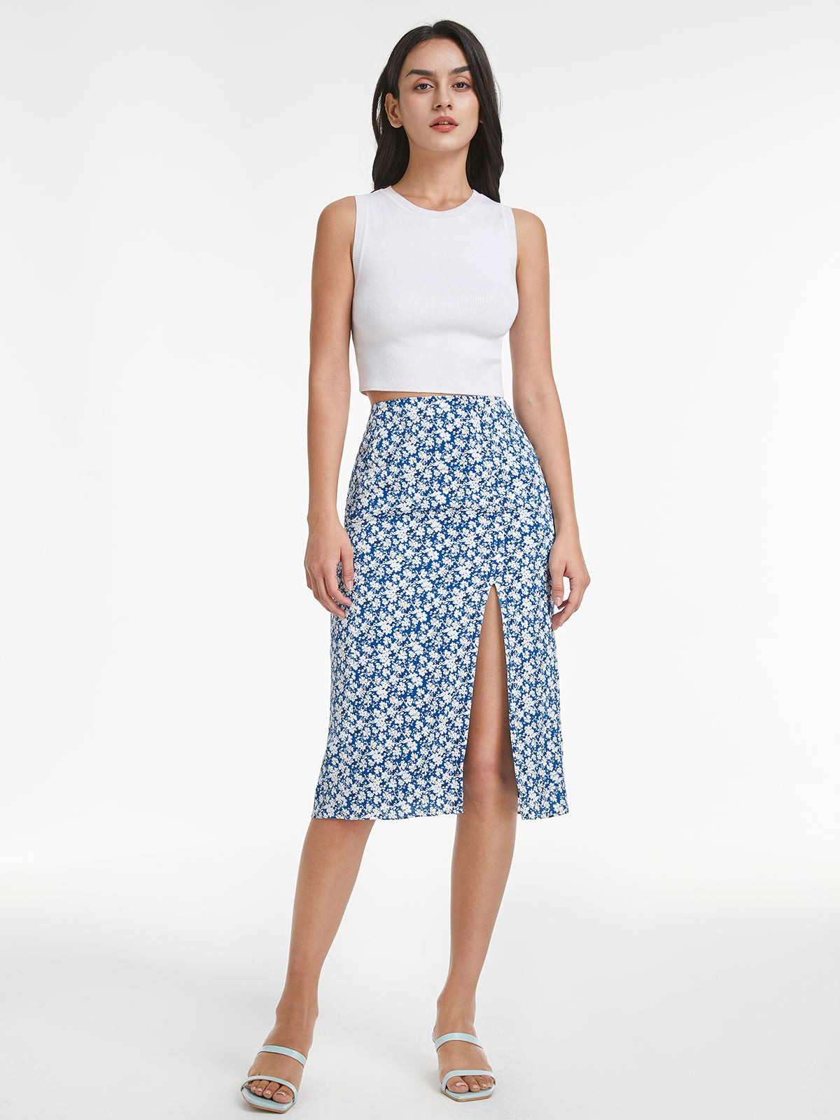 Thecomense - High Waisted Light Floral Midi Slit Skirt